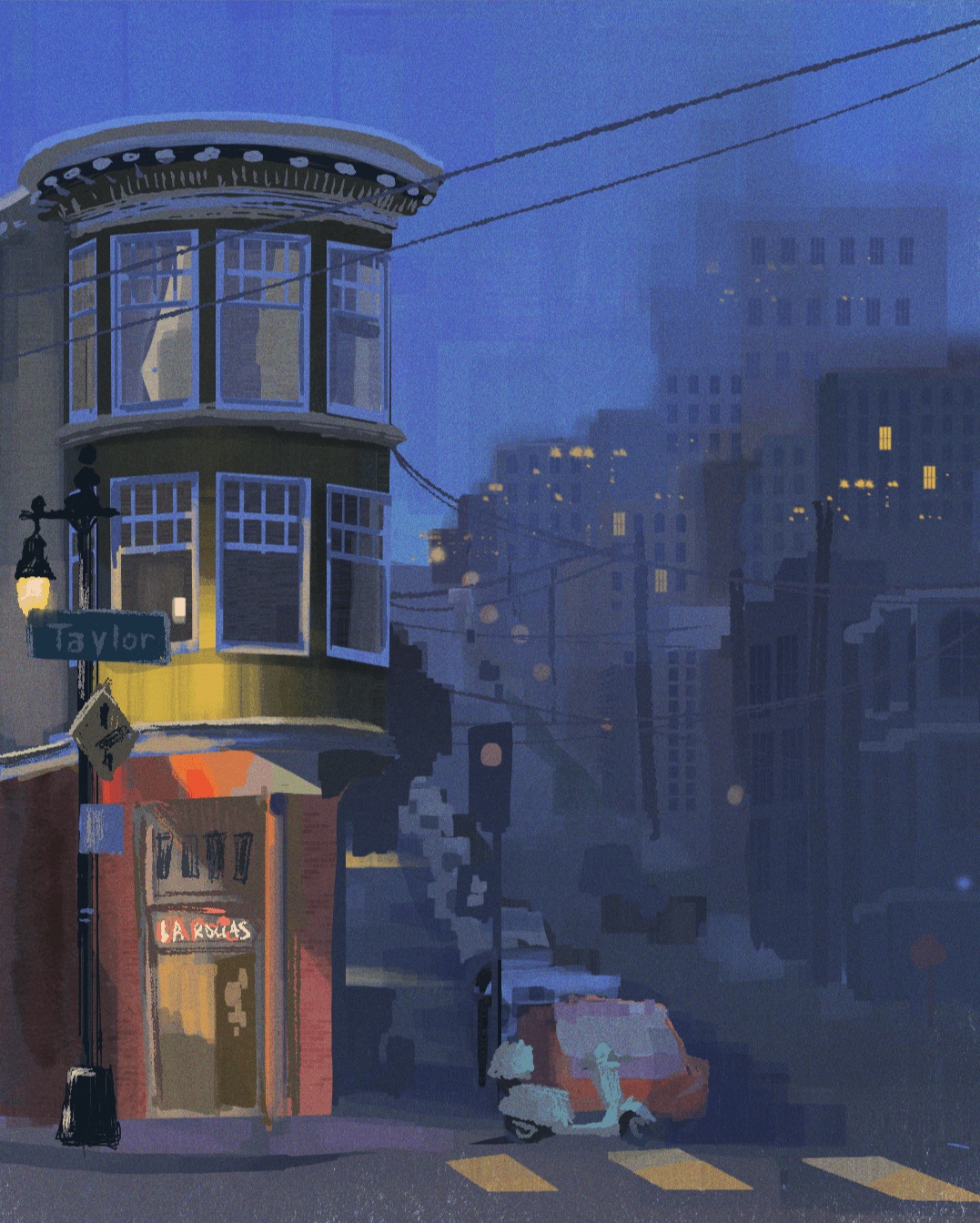 Nighttime city scene with a rounded corner building, streetlamp, and a small vehicle on the street, illuminated by city lights.
