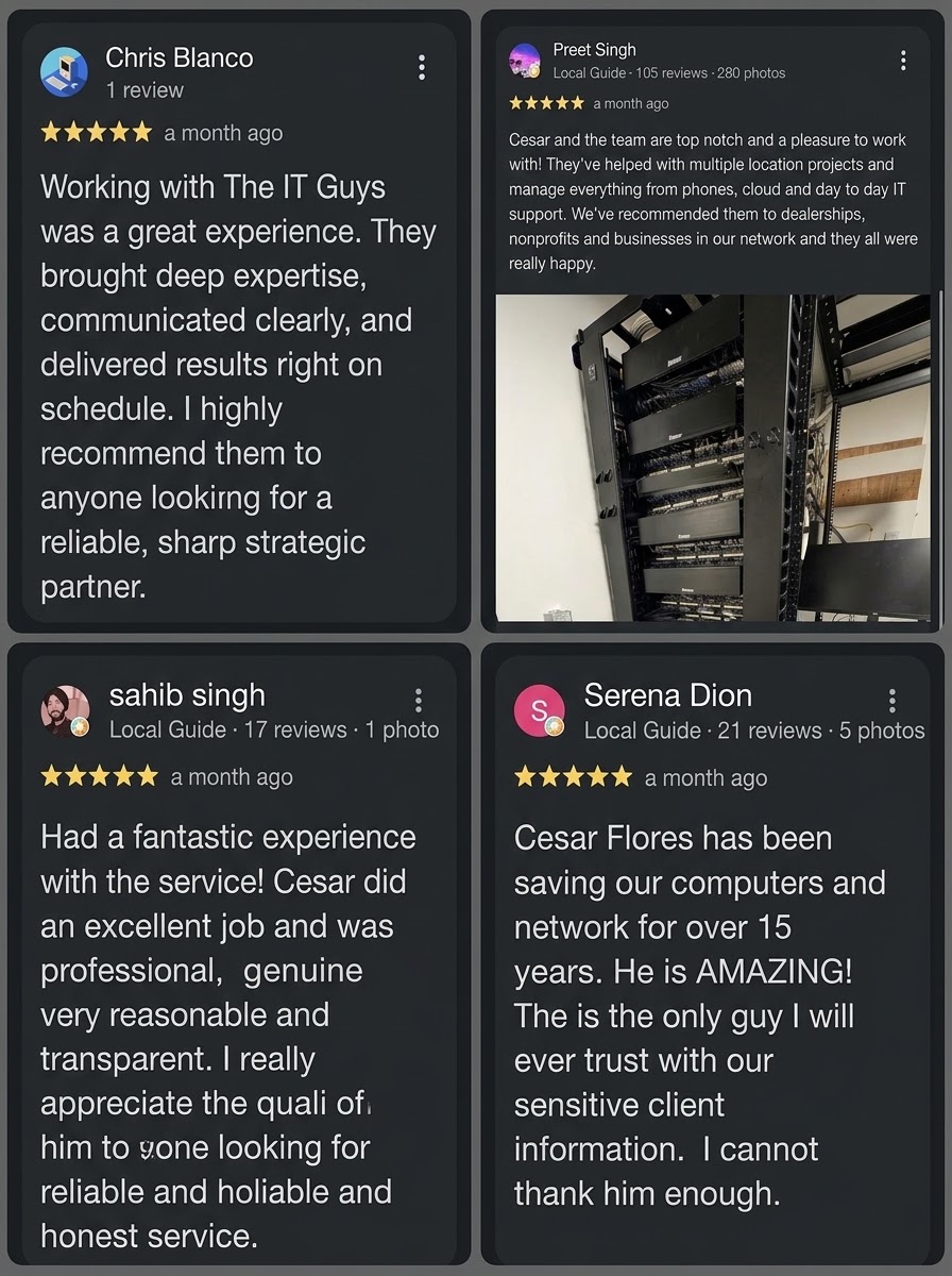 Screenshots of three reviews praising IT support, service, and expertise, with visible profile pictures and text. Alt text word count: 44