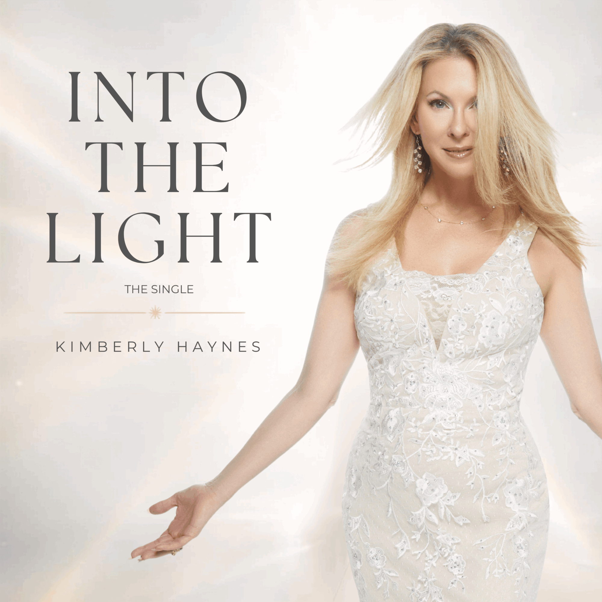 Woman in white dress with long blonde hair, standing with arm extended, bright background, text reads 'Into the Light' and 'Kimberly Haynes'.