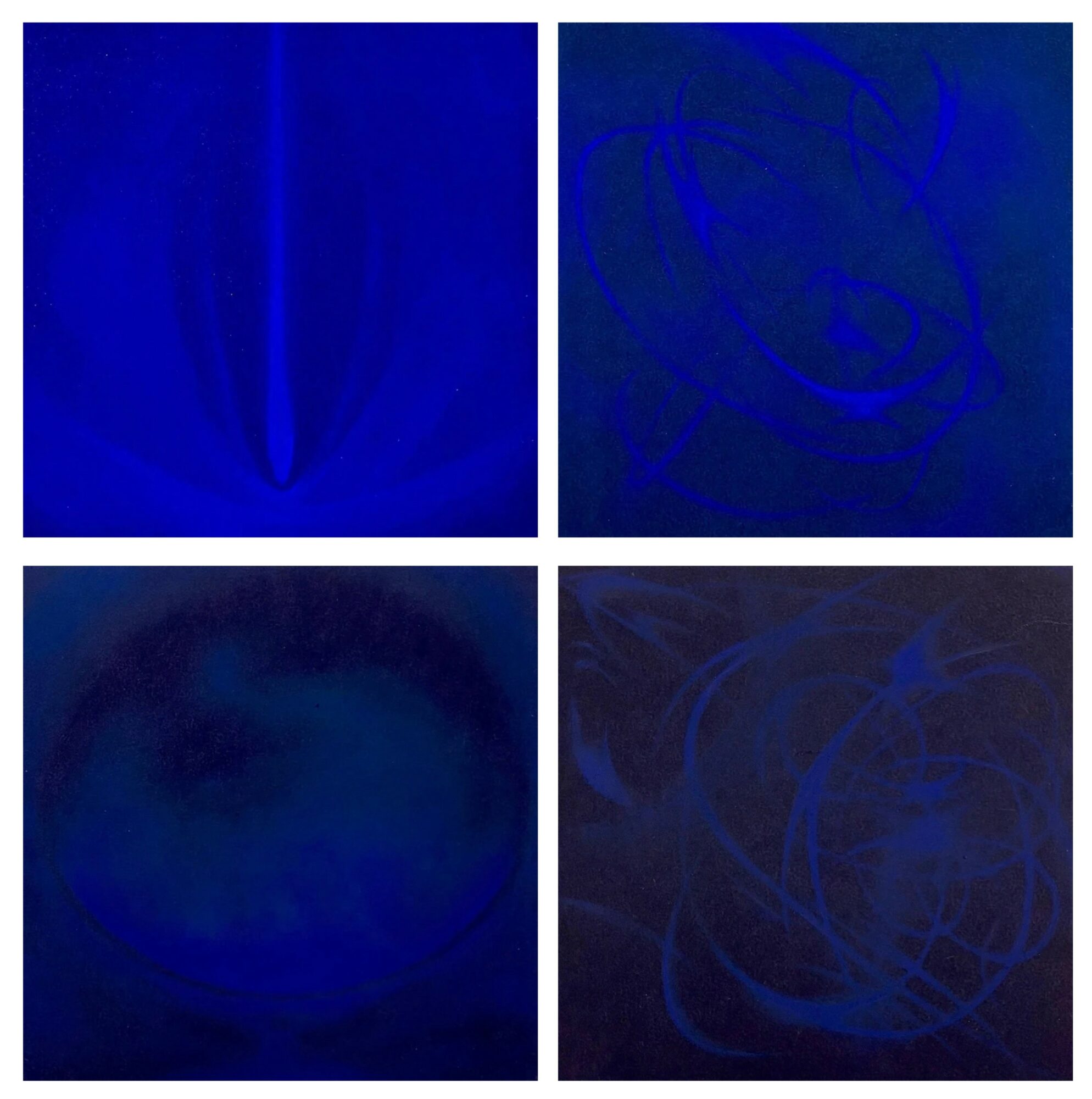 Four blue abstract images with swirling and curved lines, arranged in a 2x2 grid.
