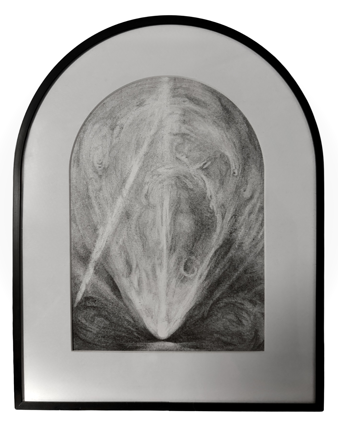 Drawing of a bird's head with a beak, surrounded by a rounded frame, in black and white.