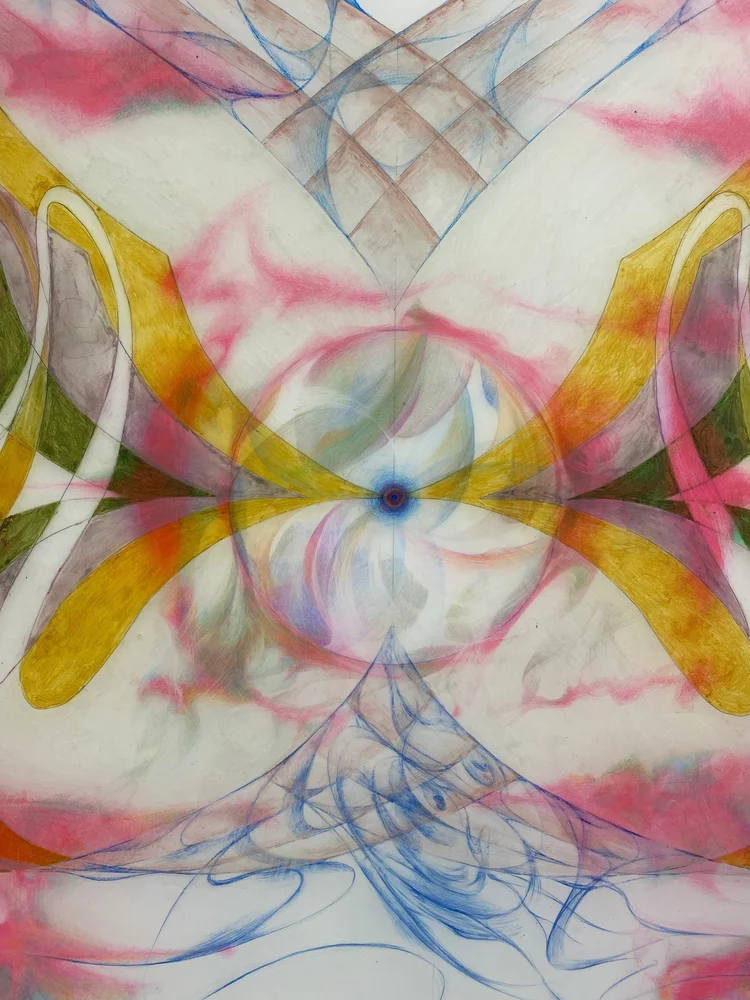 Abstract colorful drawing with symmetrical shapes, lines, and a central blue dot, featuring pink, yellow, green, and blue hues.