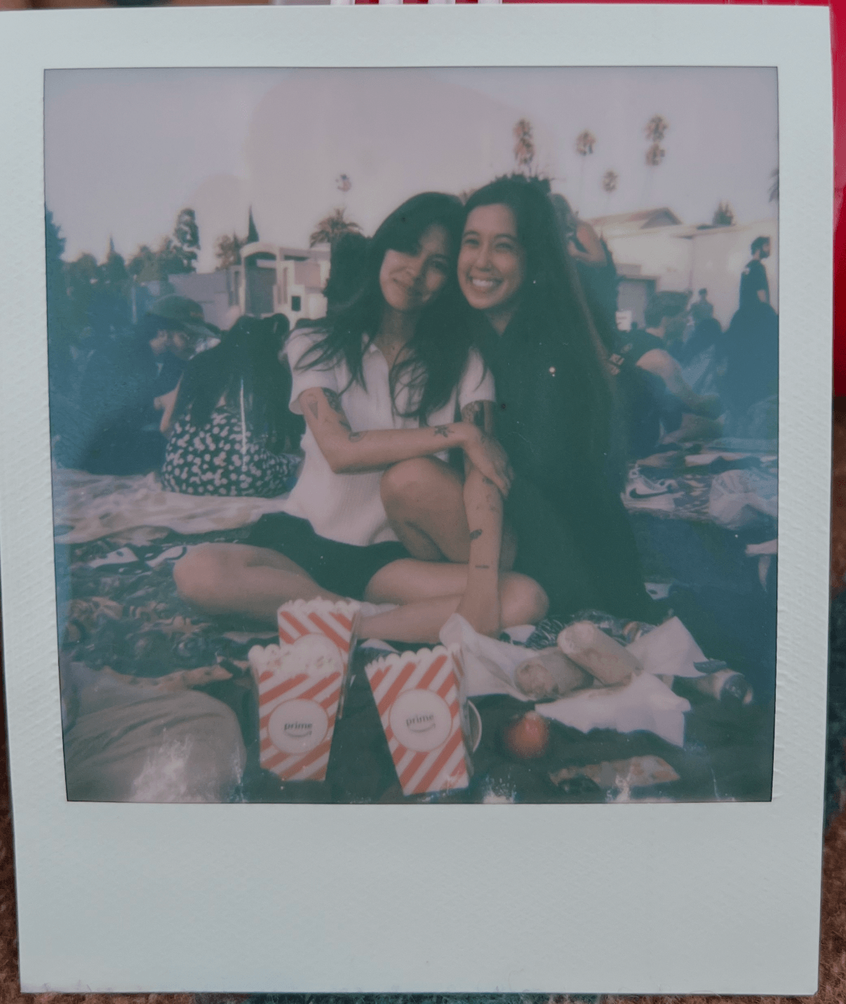Two women sitting on a blanket outdoors, smiling, with food and drinks around them, during daytime. Group of people in background.