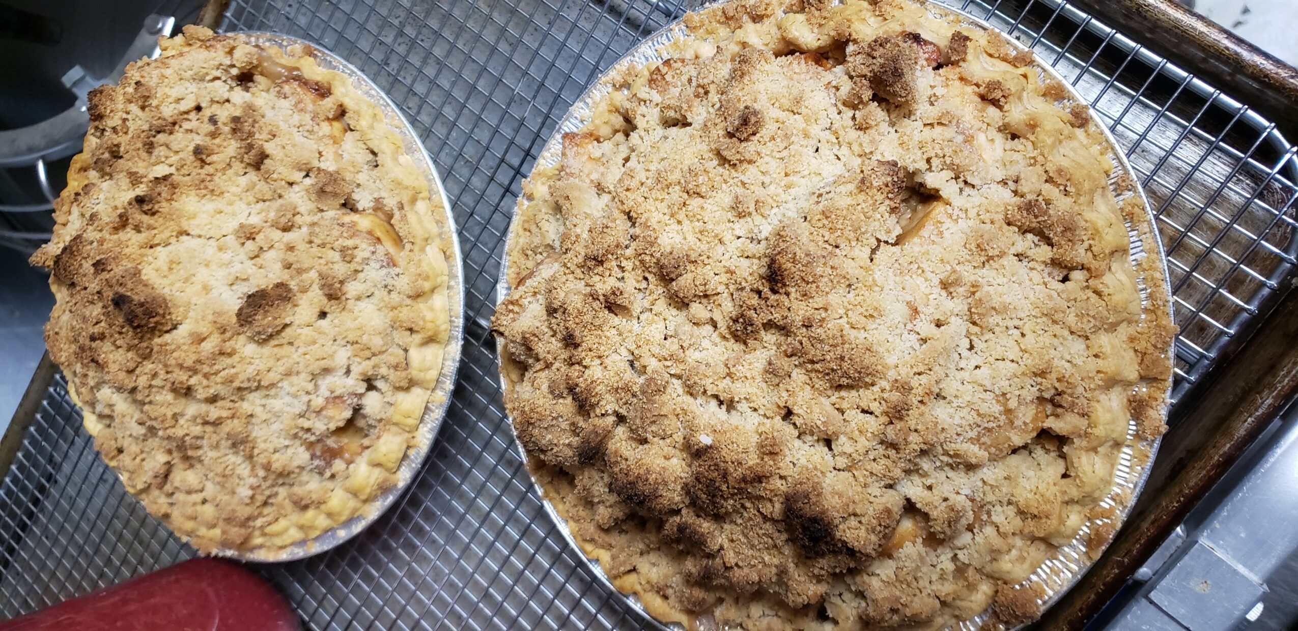 Two baked crumbly desserts on a wire rack, one smaller and one larger, with a metal utensil nearby.