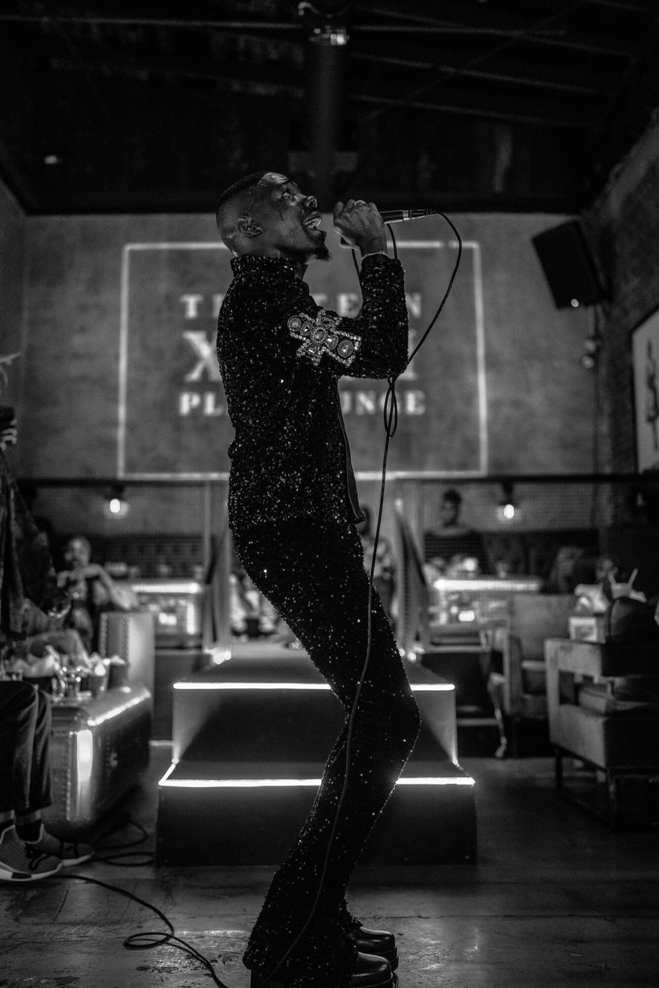 Performer singing into microphone on stage in a dimly lit venue with audience seating, illuminated by stage lights.