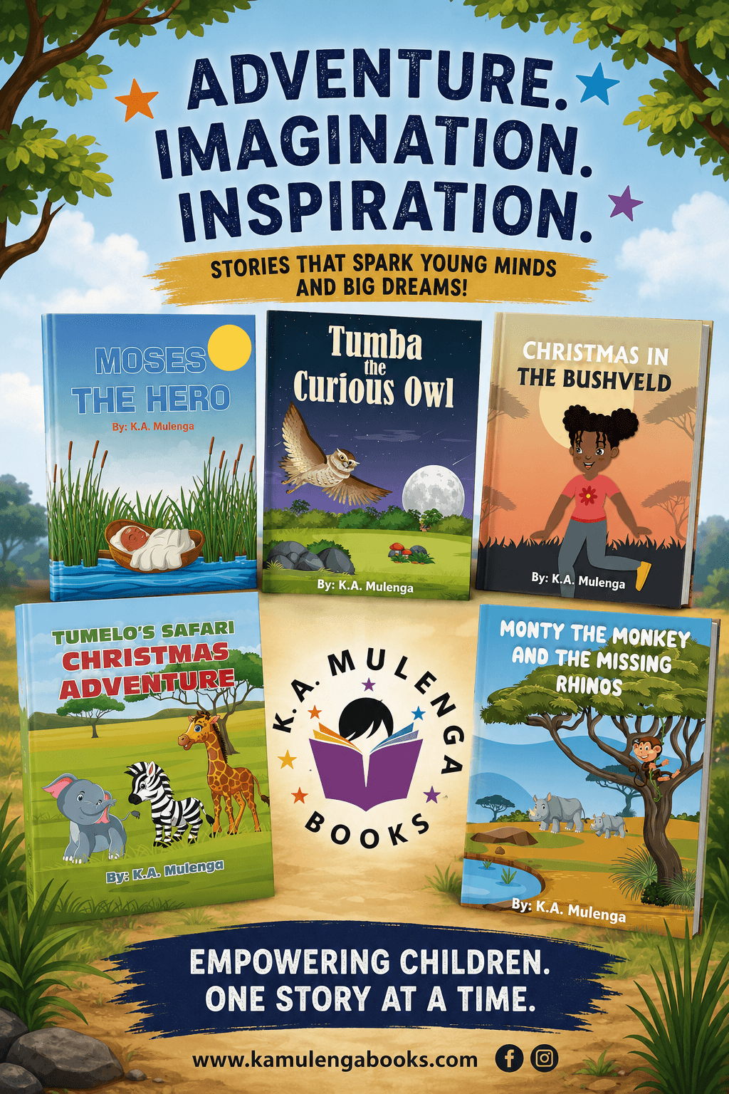 Display of children's books with colorful covers, trees, and grass in the background, and a sign reading 'Adventure, Imagination, Inspiration.'