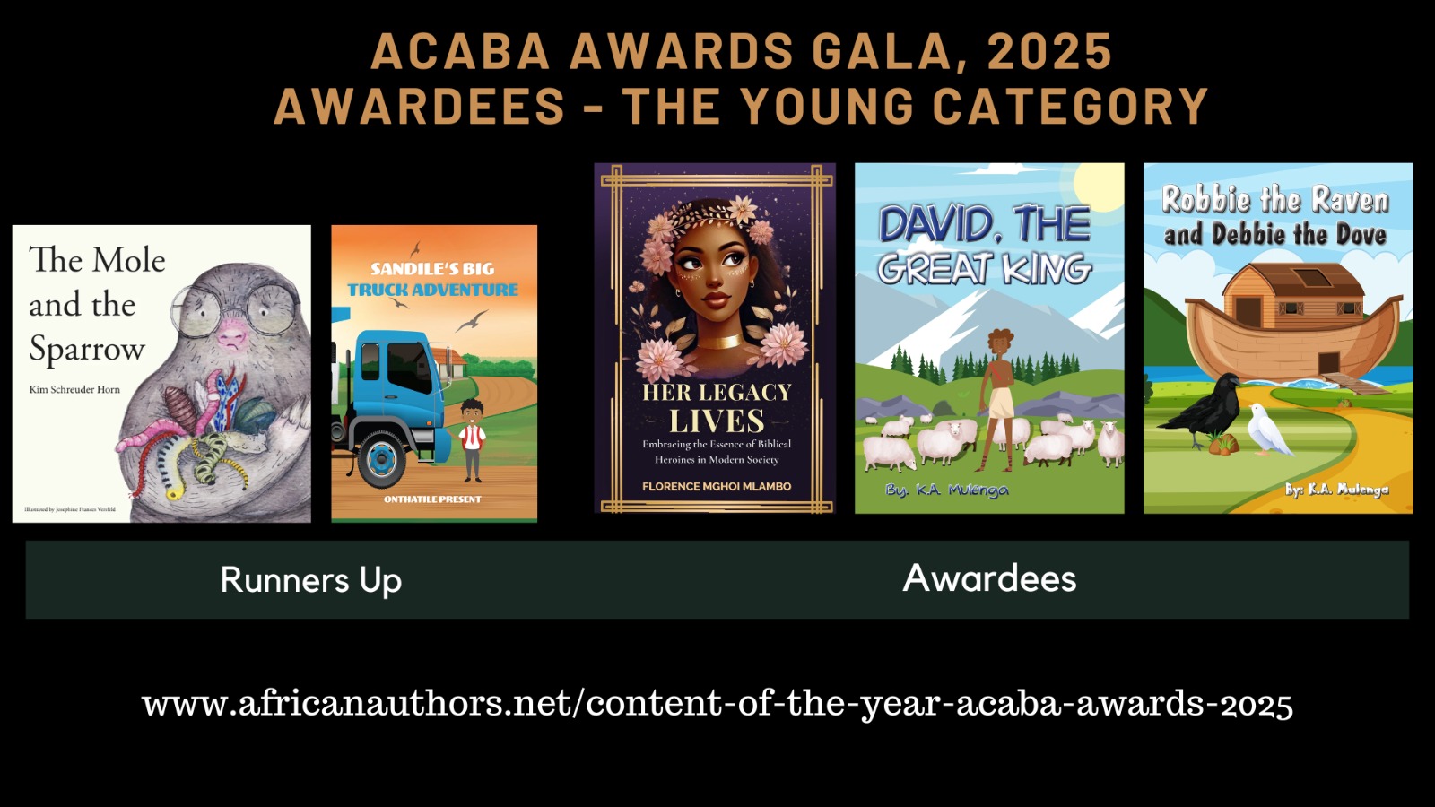 Four book covers displayed with event title and website, celebrating the 2025 Acaba Awards Gala.
