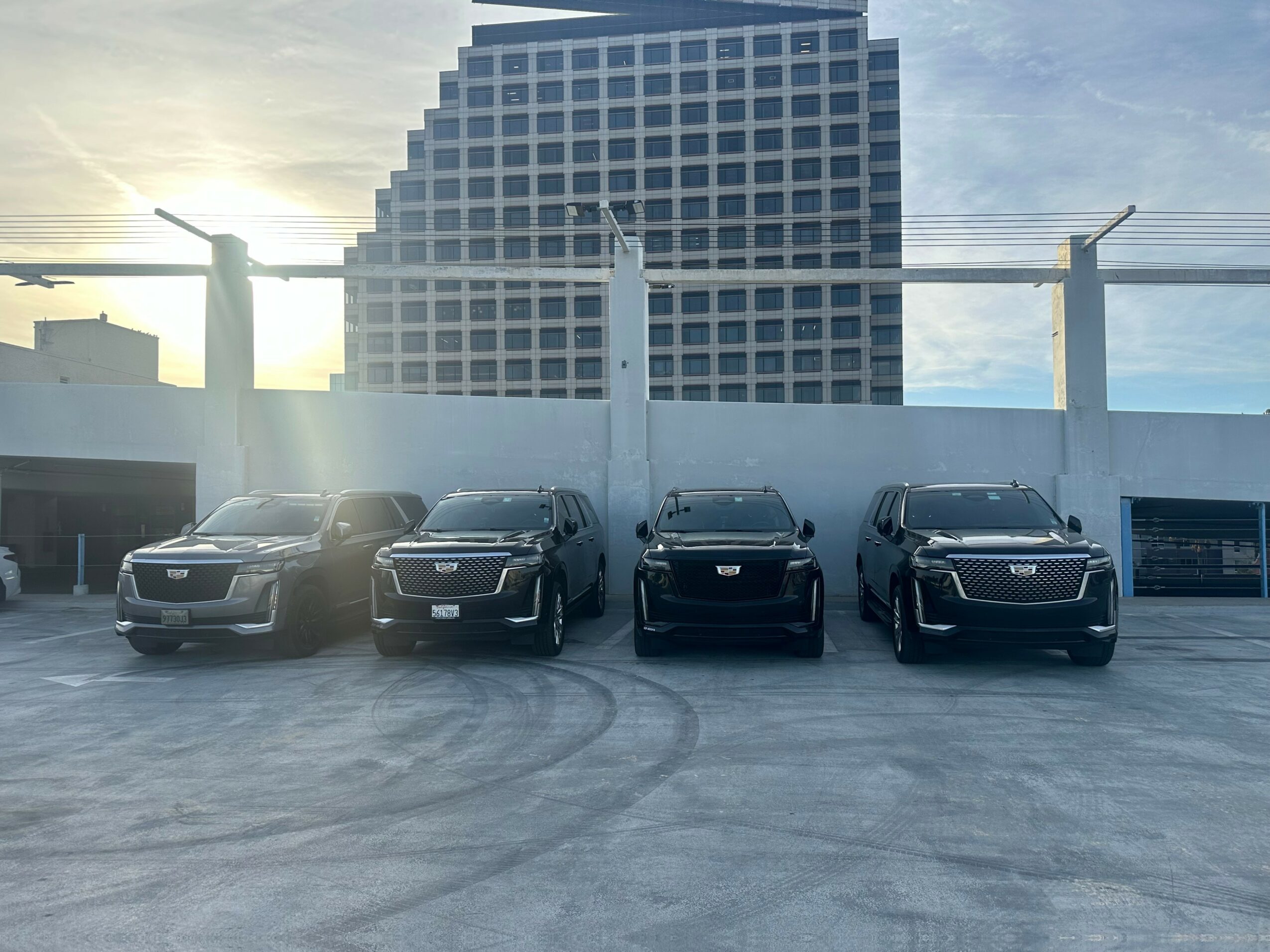 Four cars parked in a lot with a tall building in the background, sunlight shining from the left side.