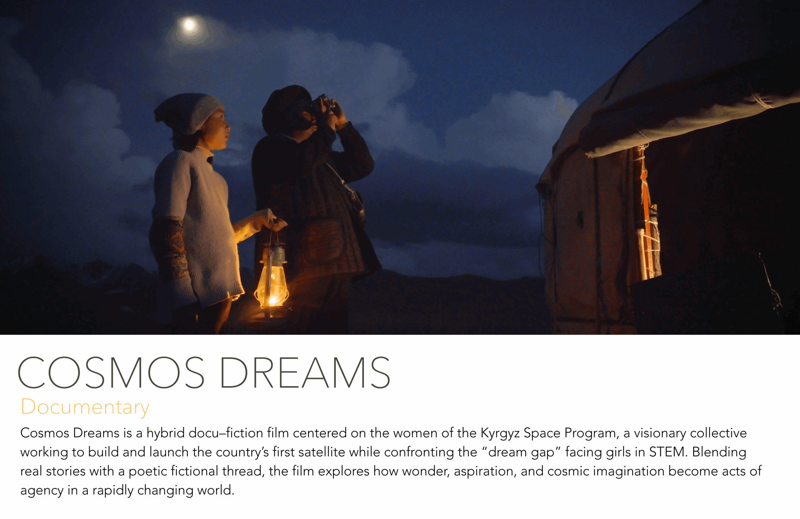 Three people outdoors at night, looking at the sky with a tent nearby, illuminated by a lantern, under a moonlit sky.