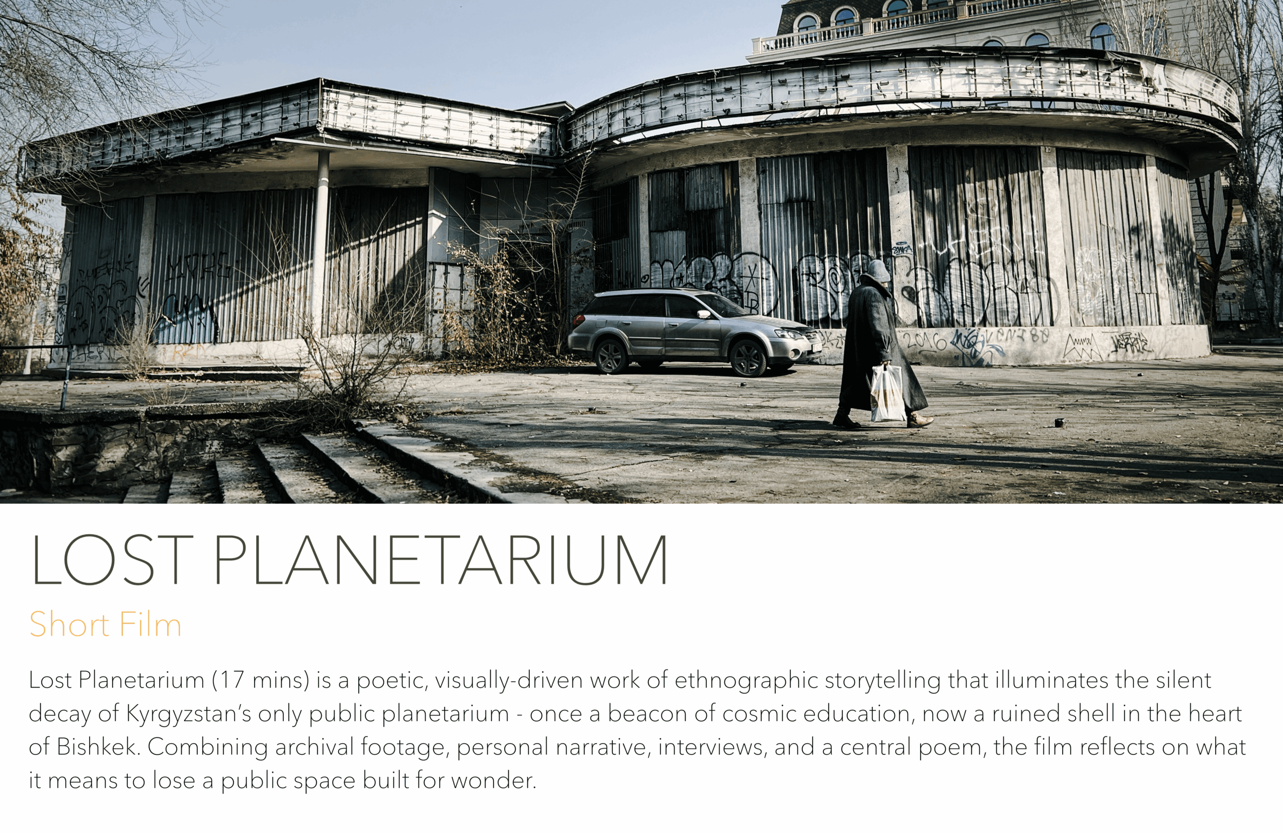 Abandoned building with curved architecture, a parked car, and two people walking nearby, under a clear sky.