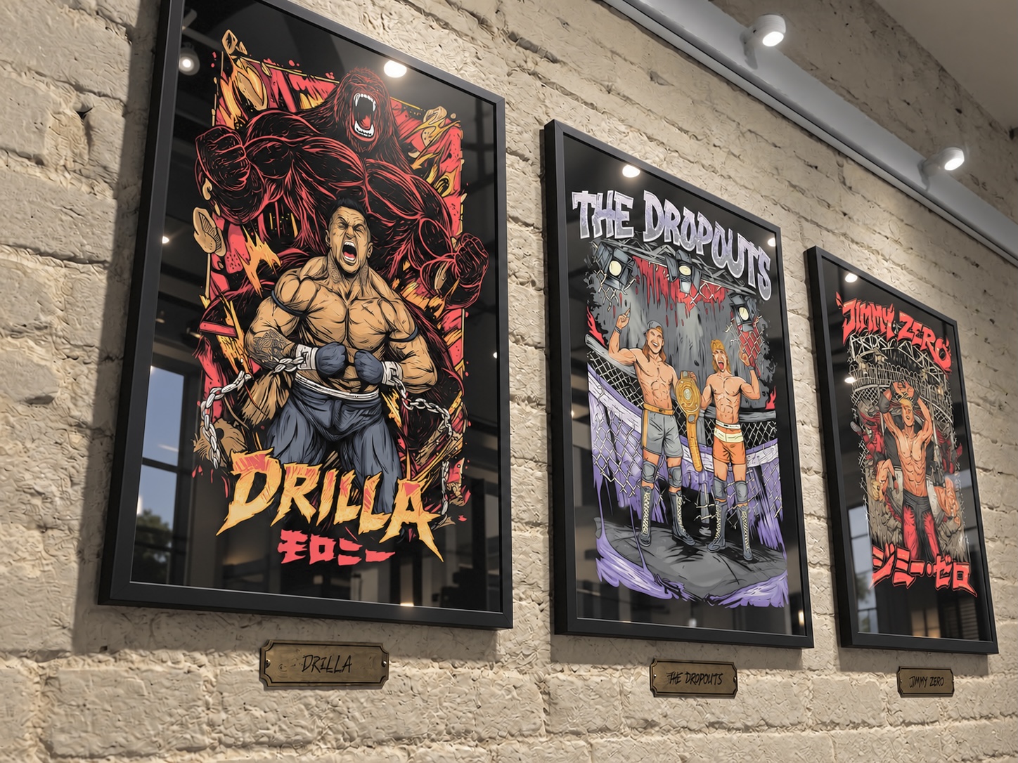 Three framed posters on a brick wall featuring comic-style characters and titles, including Drill, The Dropouts, and Jim Zenz.
