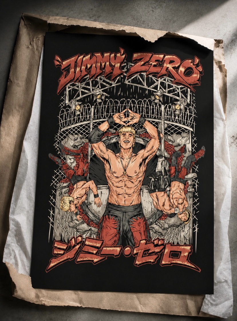 A comic book cover titled 'Jimmy Zero' features a muscular man with arms raised, surrounded by barbed wire and other characters.