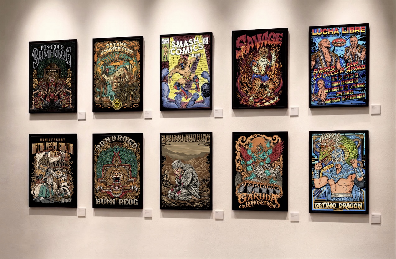 Ten comic book covers displayed on a wall in two rows, each featuring colorful artwork and titles.