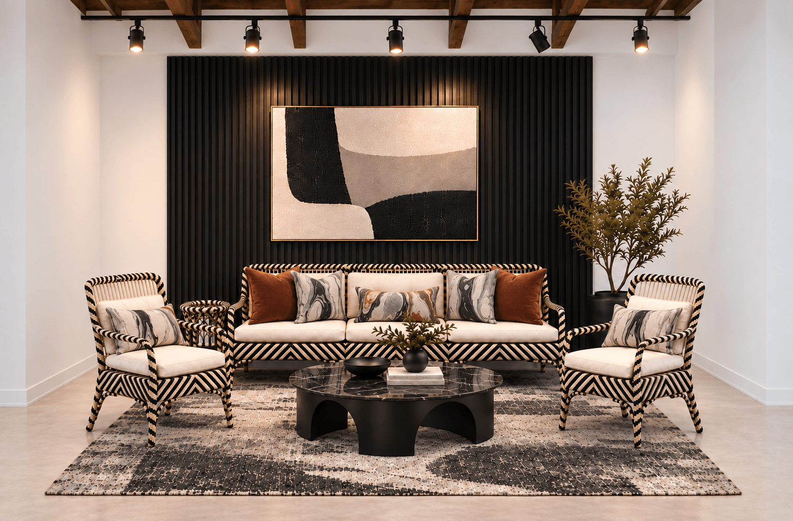Living room with black and white striped chairs, a patterned sofa, abstract wall art, and a black coffee table.