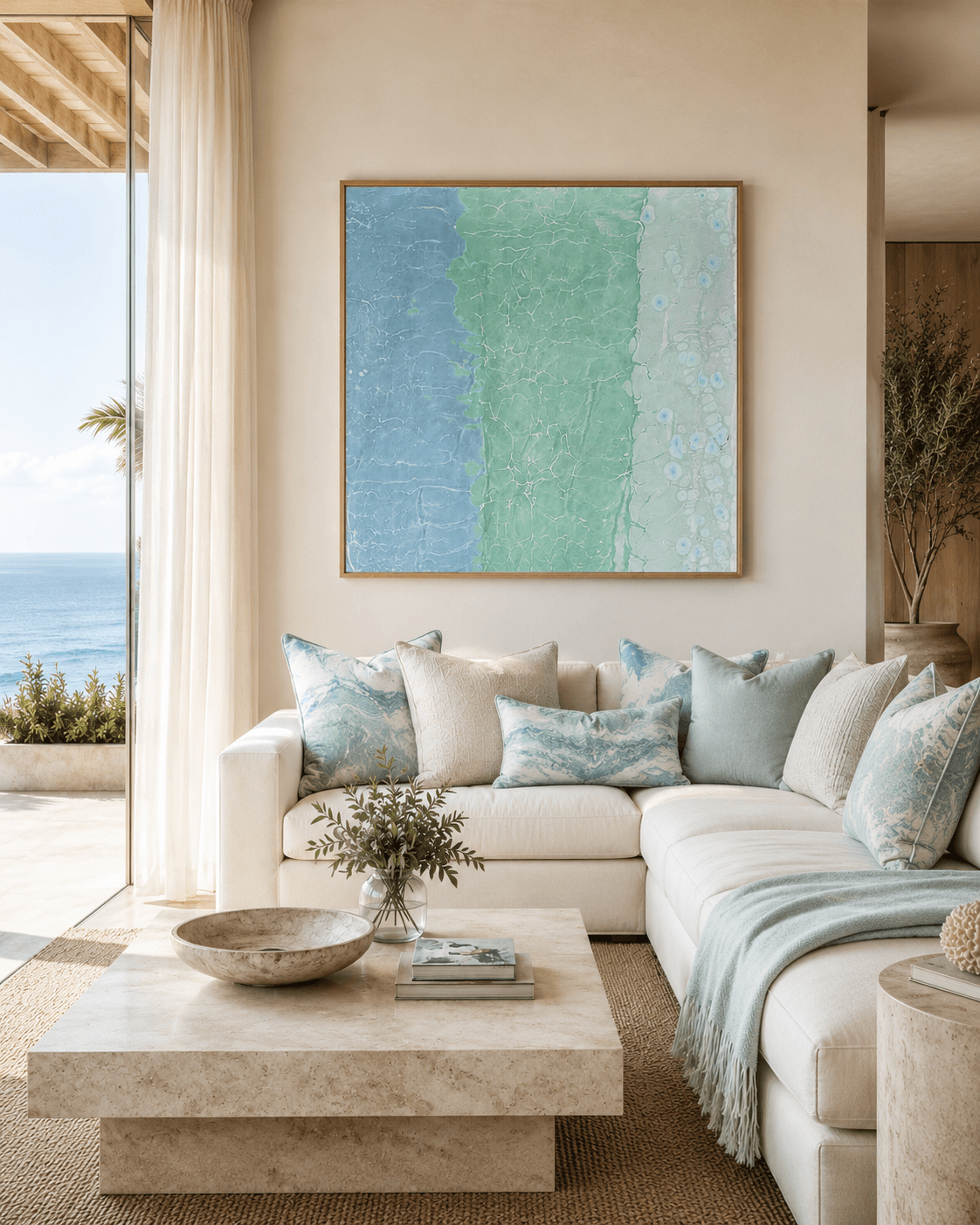 Living room with a large white sectional sofa, a coffee table with a plant and bowl, and a blue-green abstract painting on the wall.