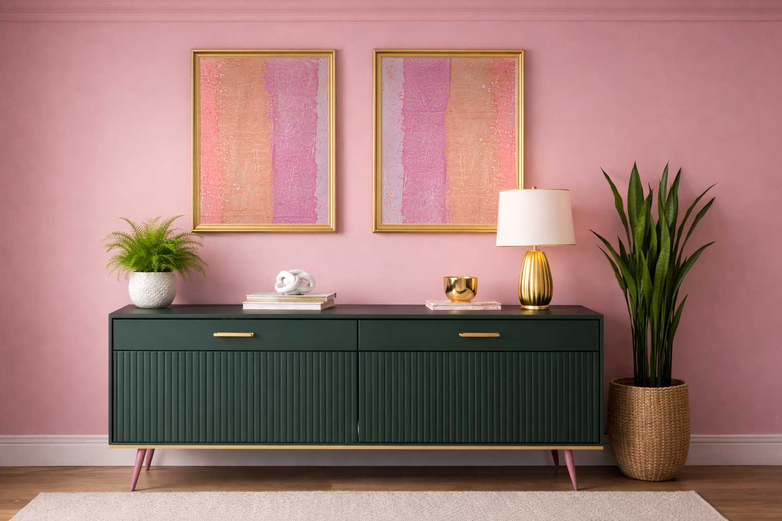 Pink wall with two framed abstract art pieces, green sideboard, white lamp, potted plant, and decorative items.