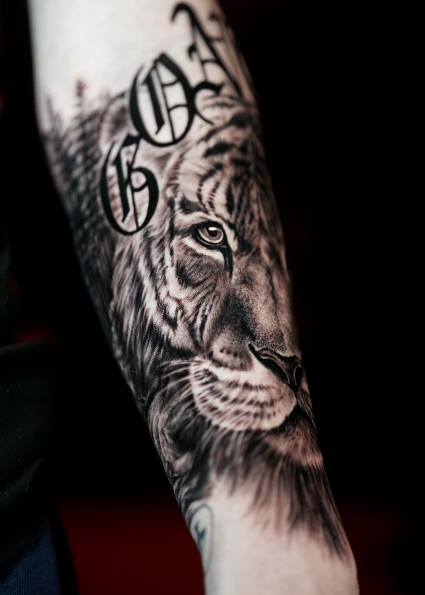 Tattoo of a detailed lion's face with text above, on a person's arm, in black and gray ink.