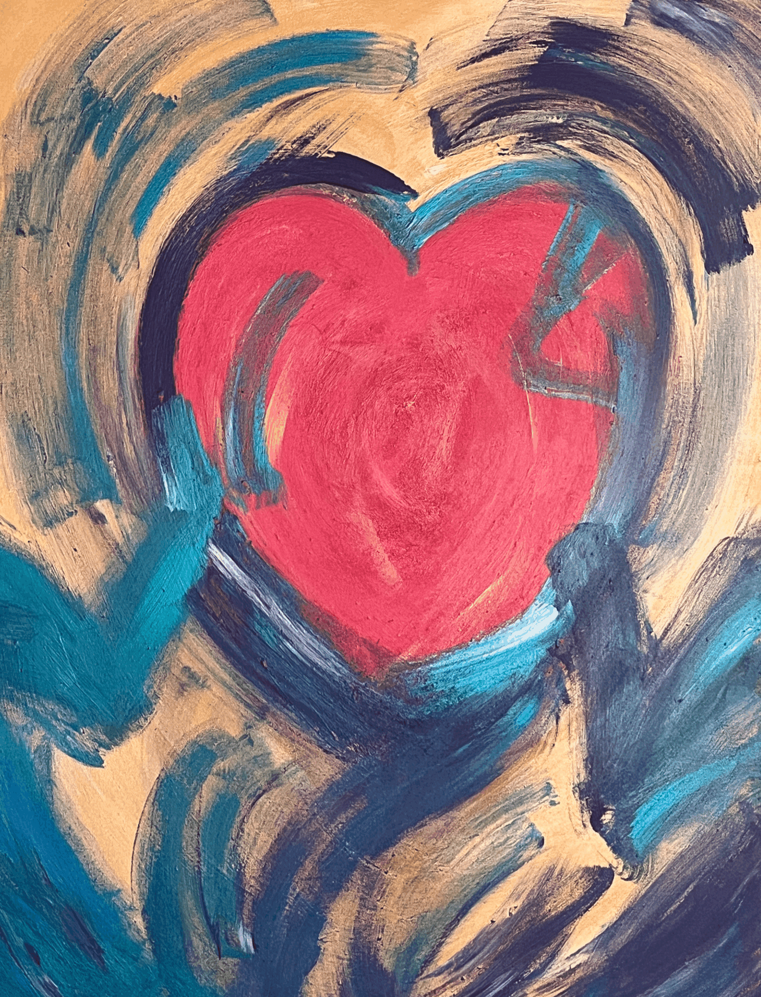 A painted heart with vibrant pink and red colors, surrounded by abstract blue, purple, and beige brushstrokes.