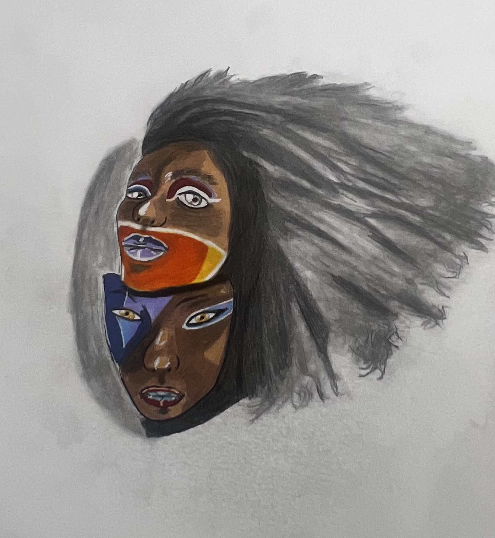 Drawing of three faces with different skin tones and hairstyles, one with flowing hair, on a white background.