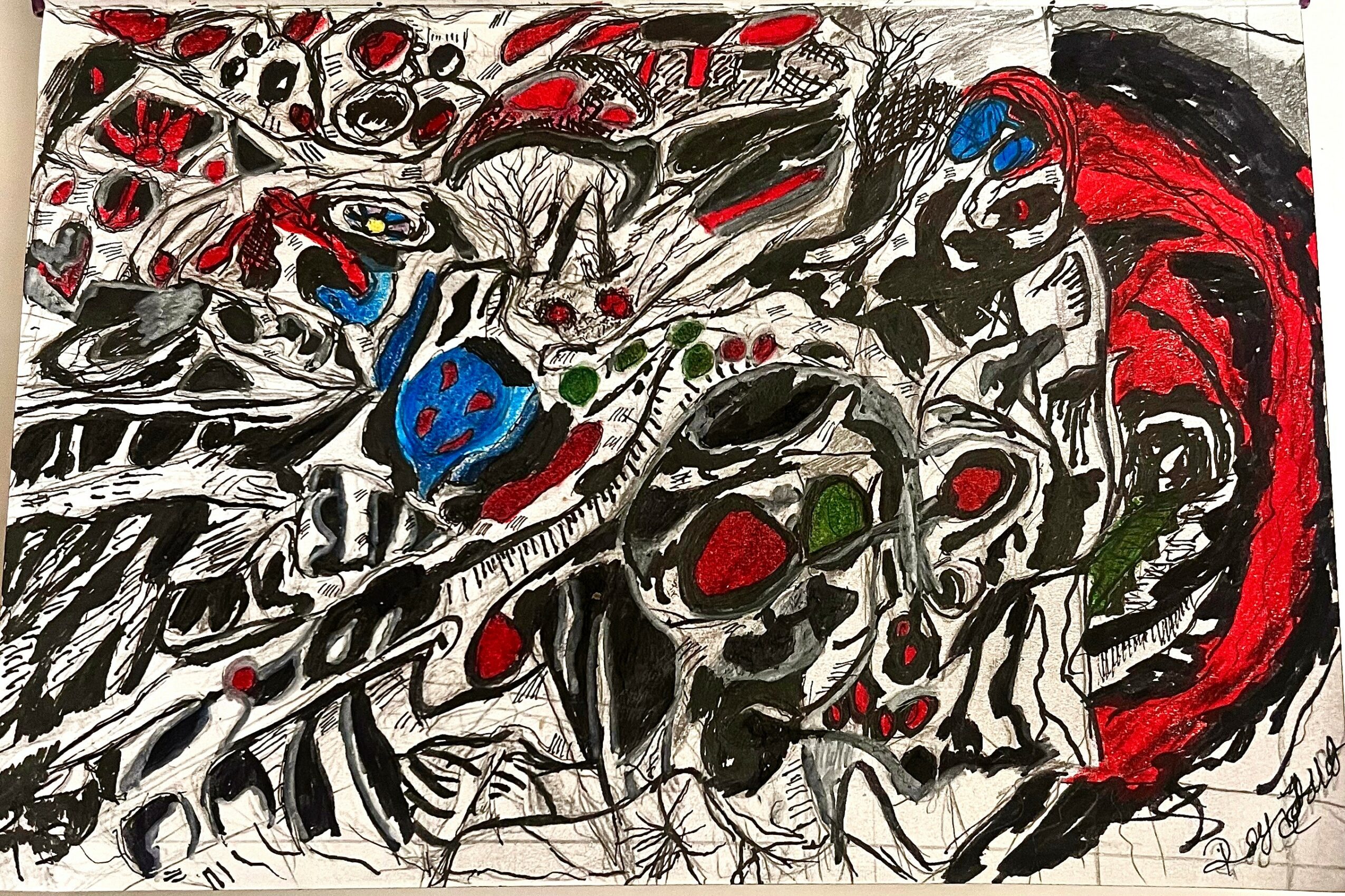 Abstract black, red, blue, and green shapes with swirling patterns and lines, creating a chaotic composition.