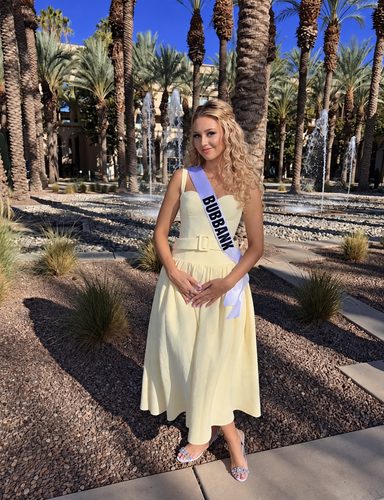 Young woman in a white dress with a sash, standing outdoors among palm trees and plants, smiling at the camera.