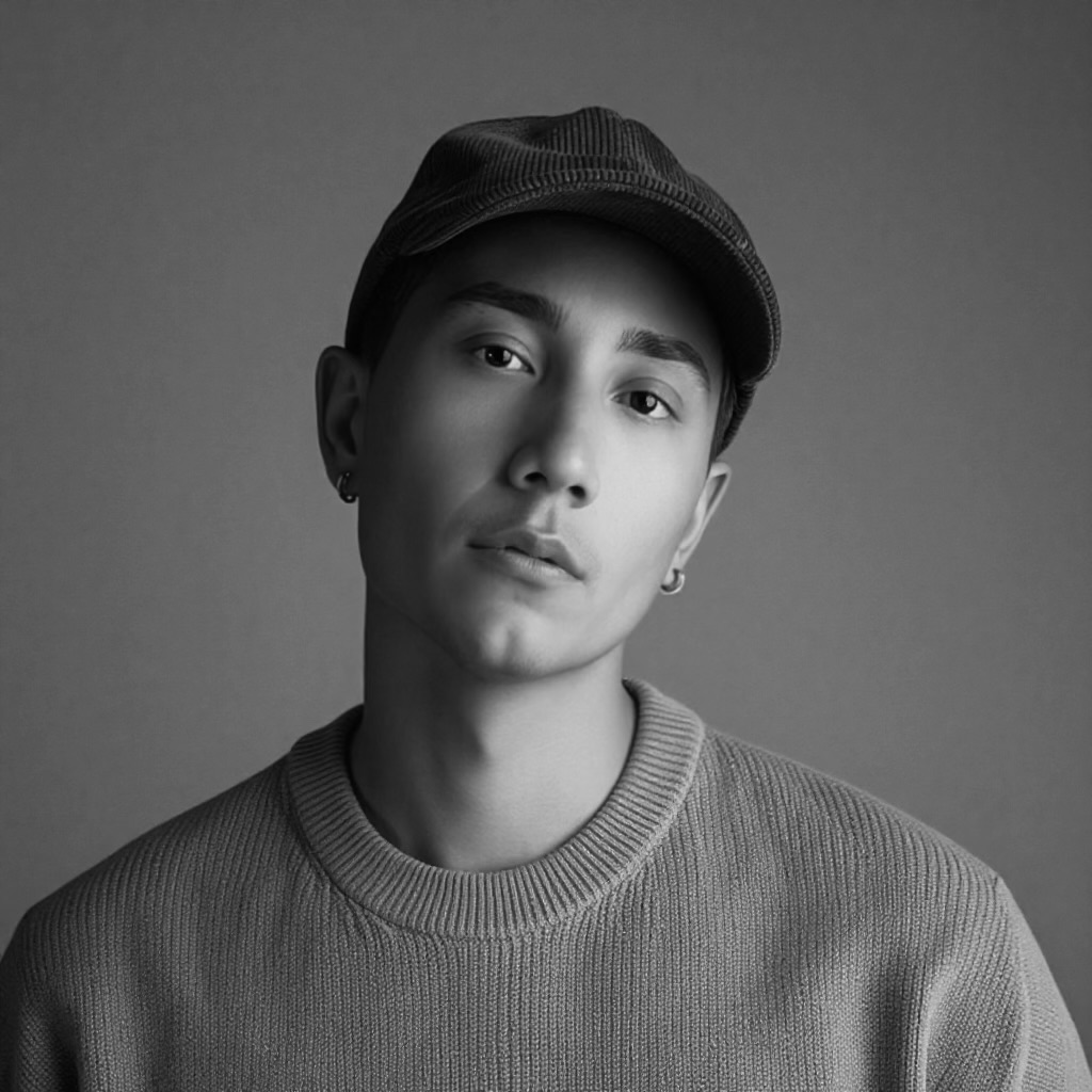 Young person wearing a cap and sweater, looking at the camera, in black and white.