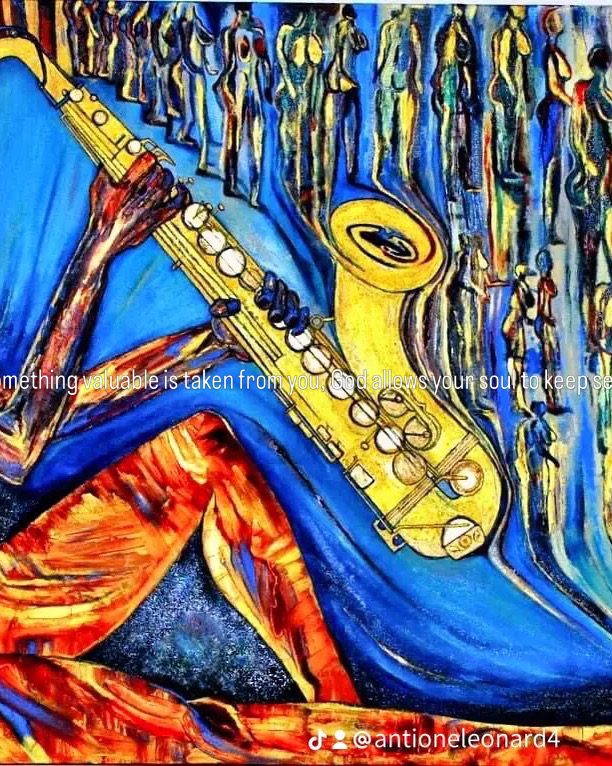 Person playing a yellow saxophone with a crowd in the background, vibrant colors and abstract style.