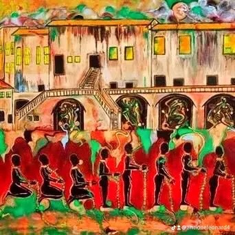 Group of people in red clothing gather outdoors near a building with arches and stairs, colorful sky in background.
