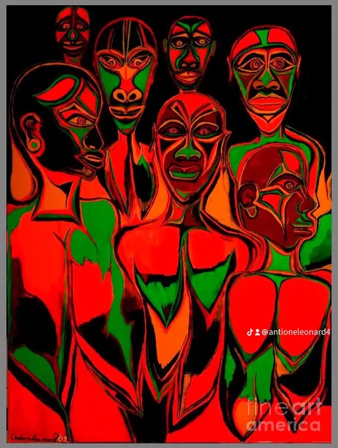 Group of seven abstract, colorful faces with bold black outlines and vibrant red, green, and orange colors.