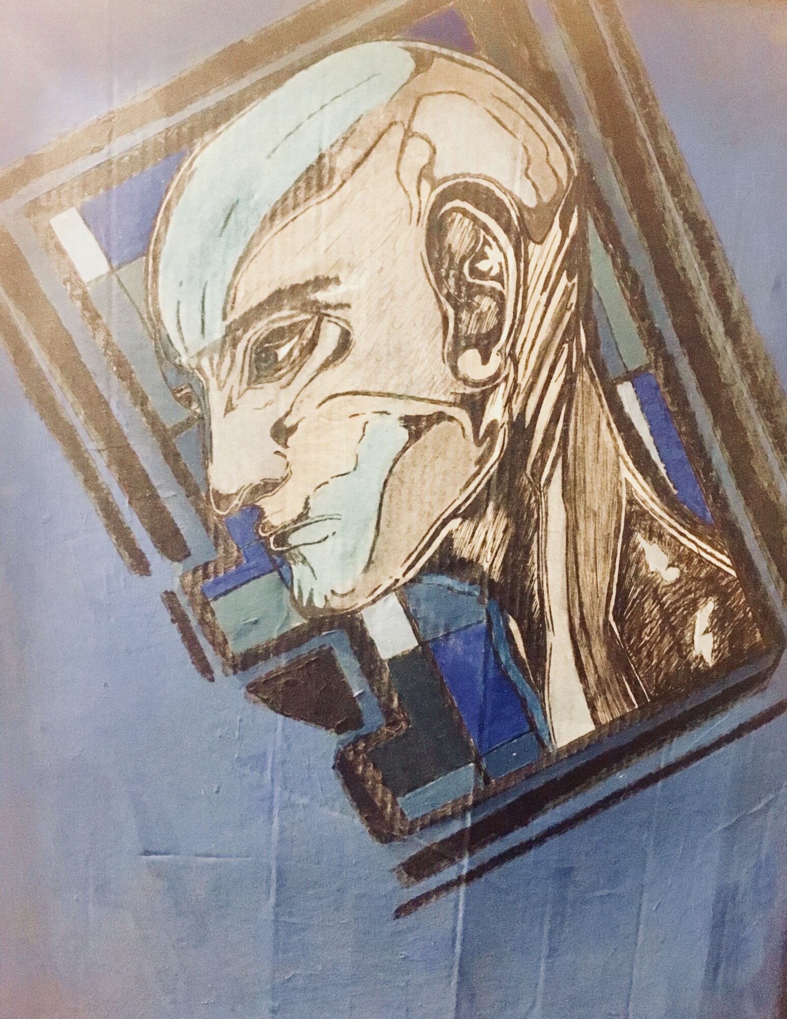 Drawing of a person's face with long hair, detailed features, and a serious expression, viewed from the side.