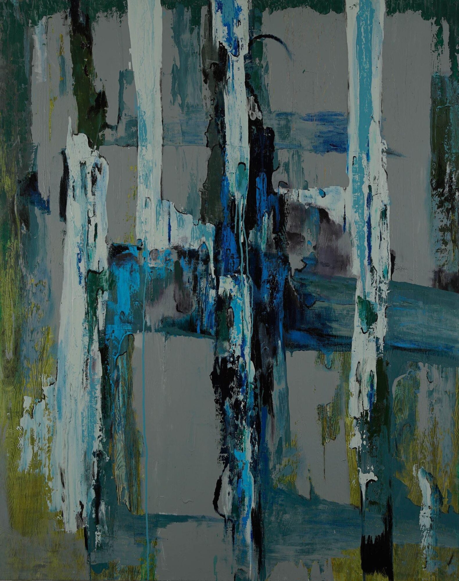 Abstract painting with vertical blue, black, white, and green brushstrokes, creating a textured composition.