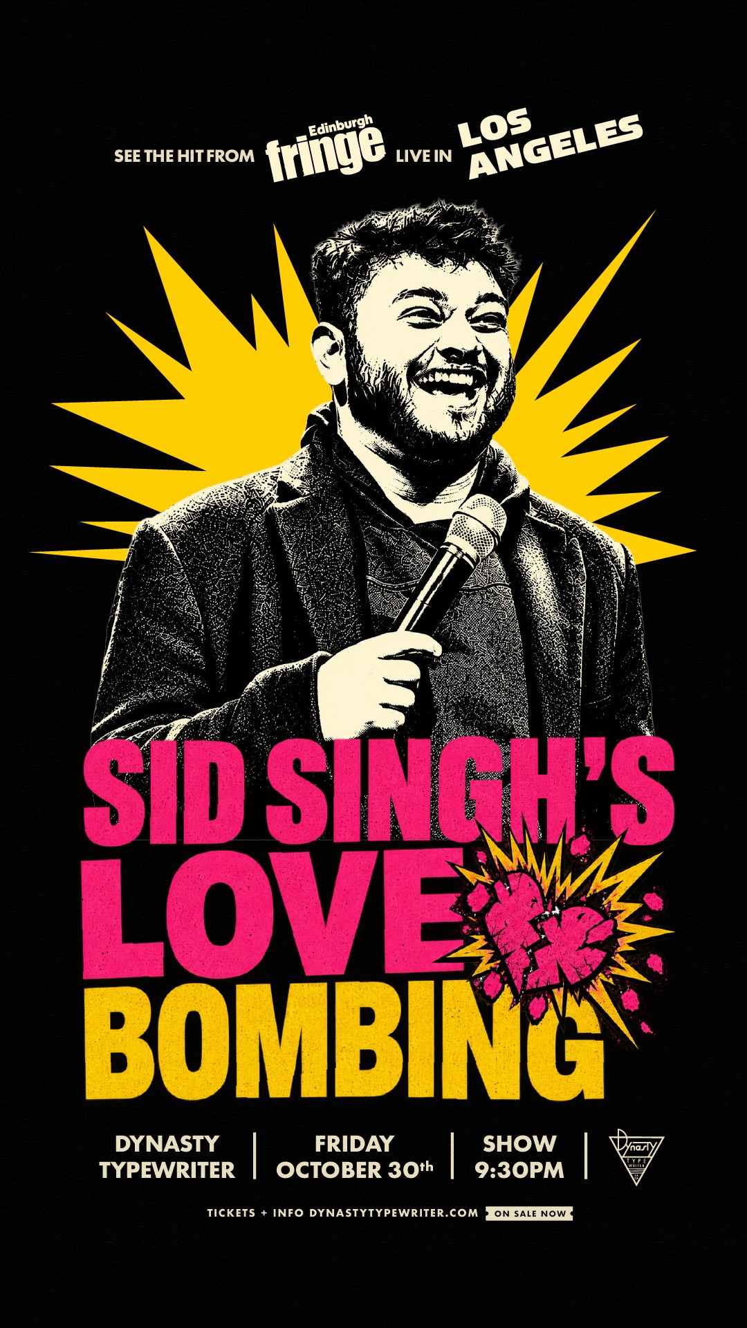 Promotional poster for Sid Singh's comedy show, featuring a smiling man holding a microphone, with bright yellow and pink design elements.