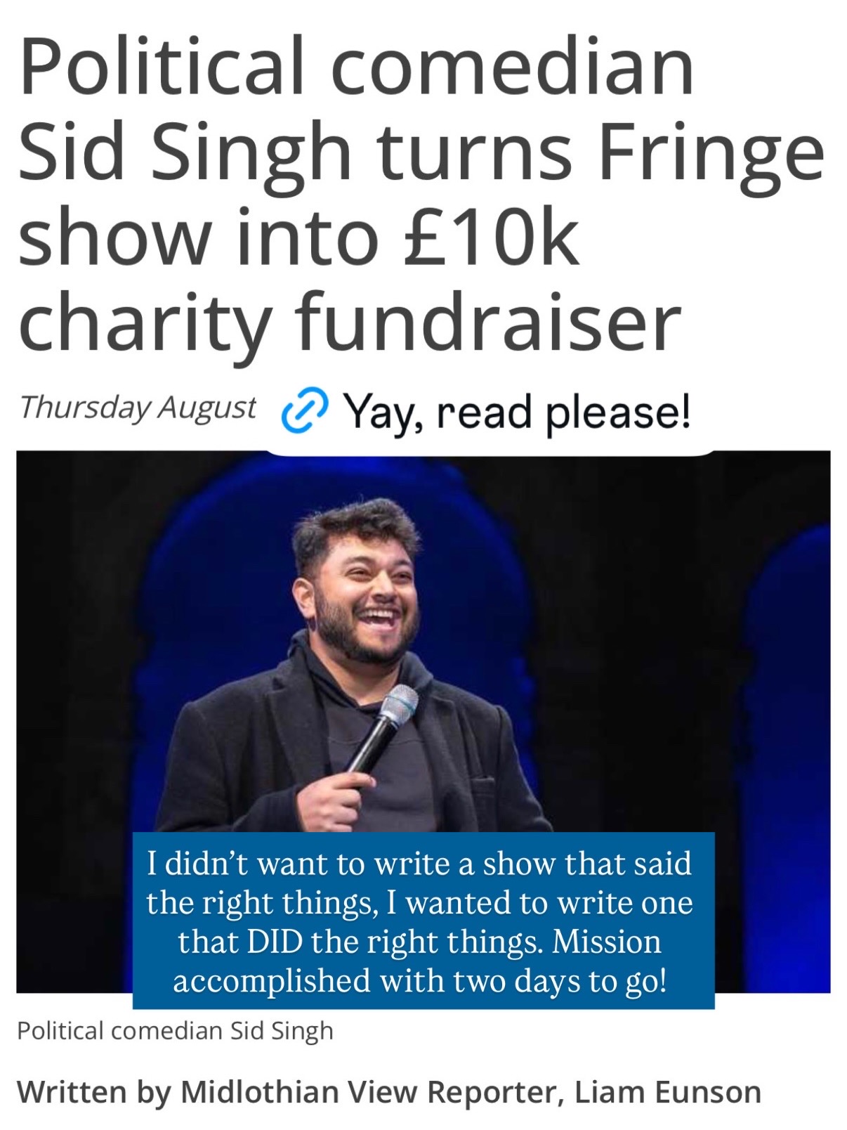 Sid Singh, a political comedian, smiling and holding a microphone on stage during a show.