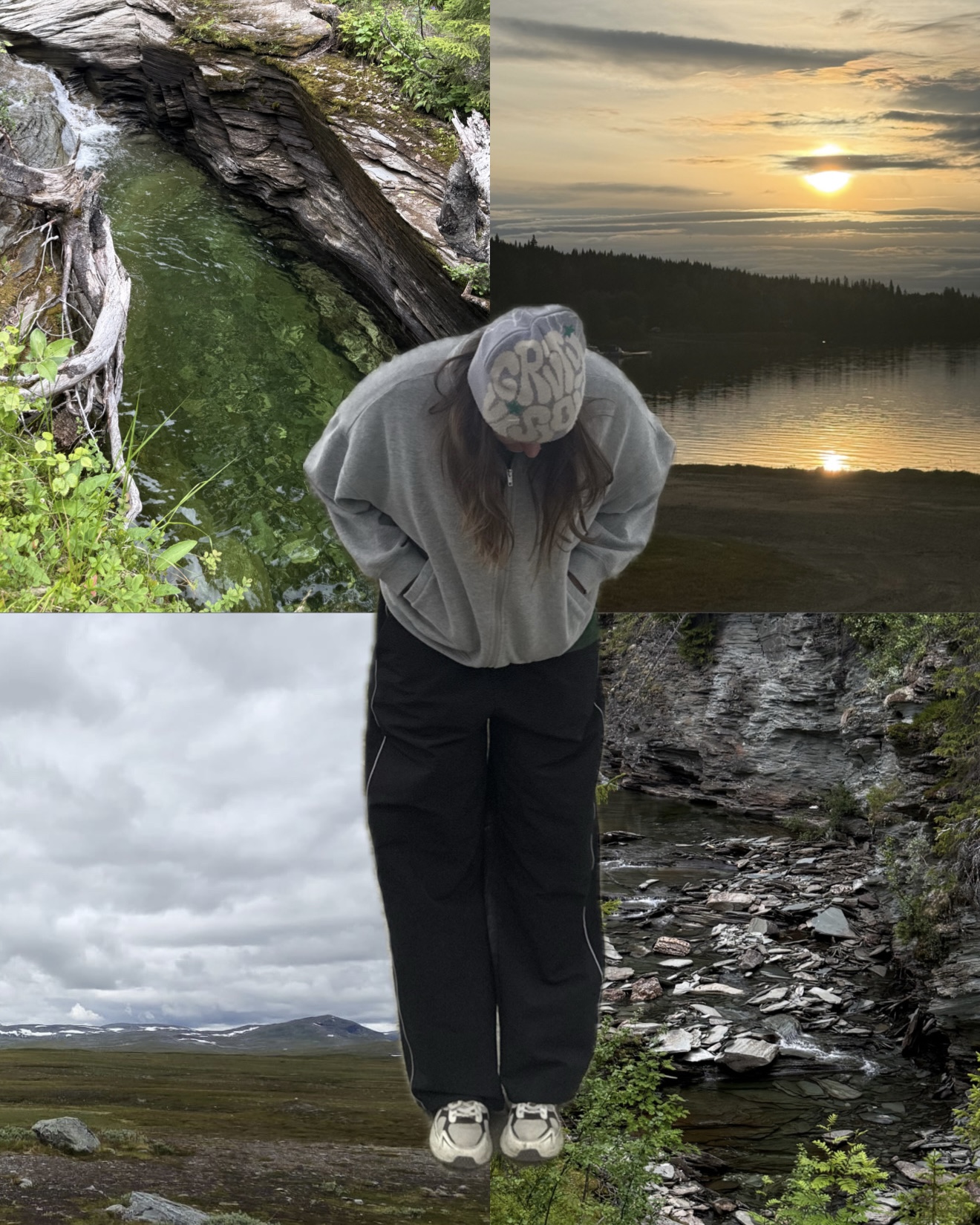 Person standing outdoors with a waterfall and sunset in the background, head bowed, wearing a hoodie and black pants.