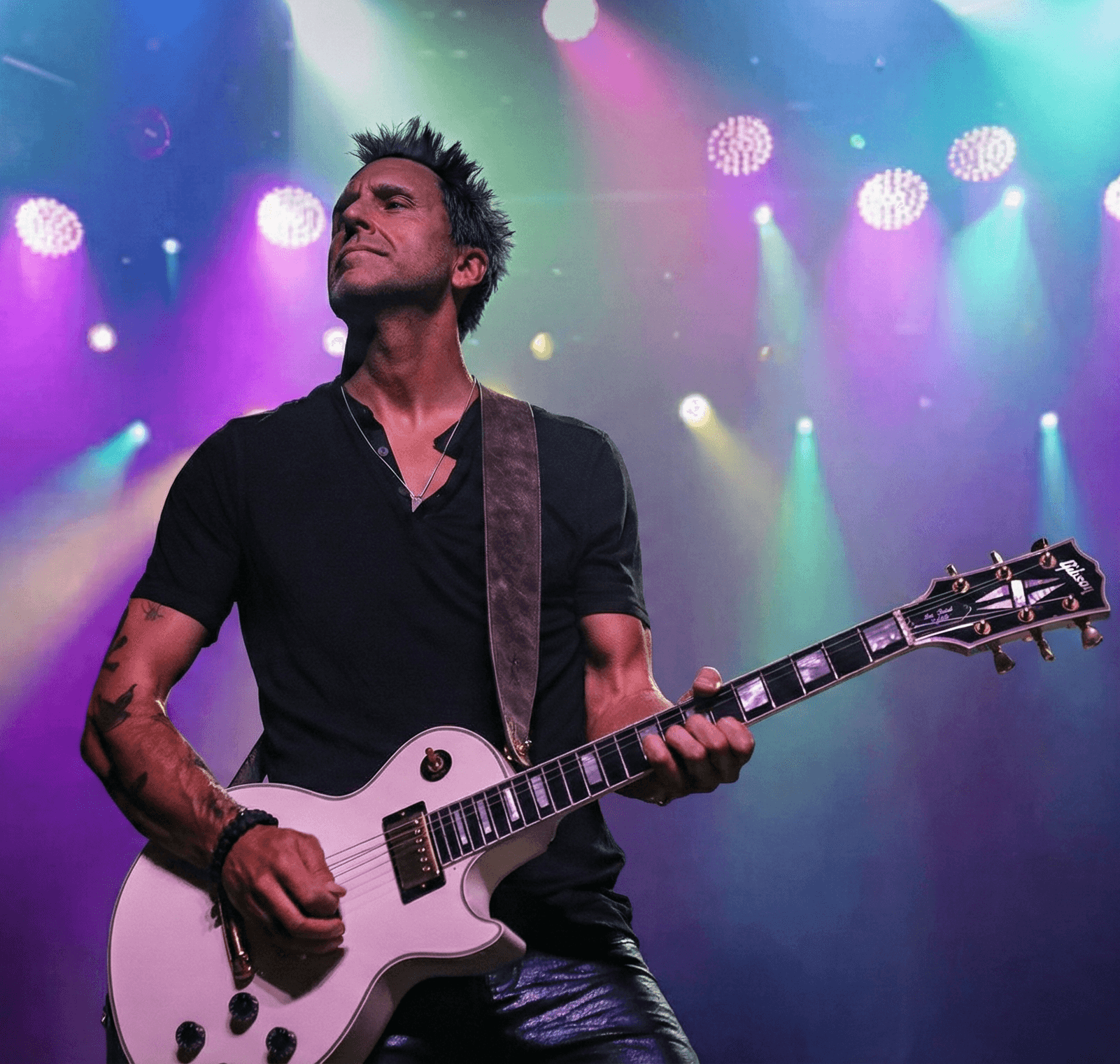 Male guitarist performing on stage with colorful lights, wearing a black shirt and playing a white electric guitar.