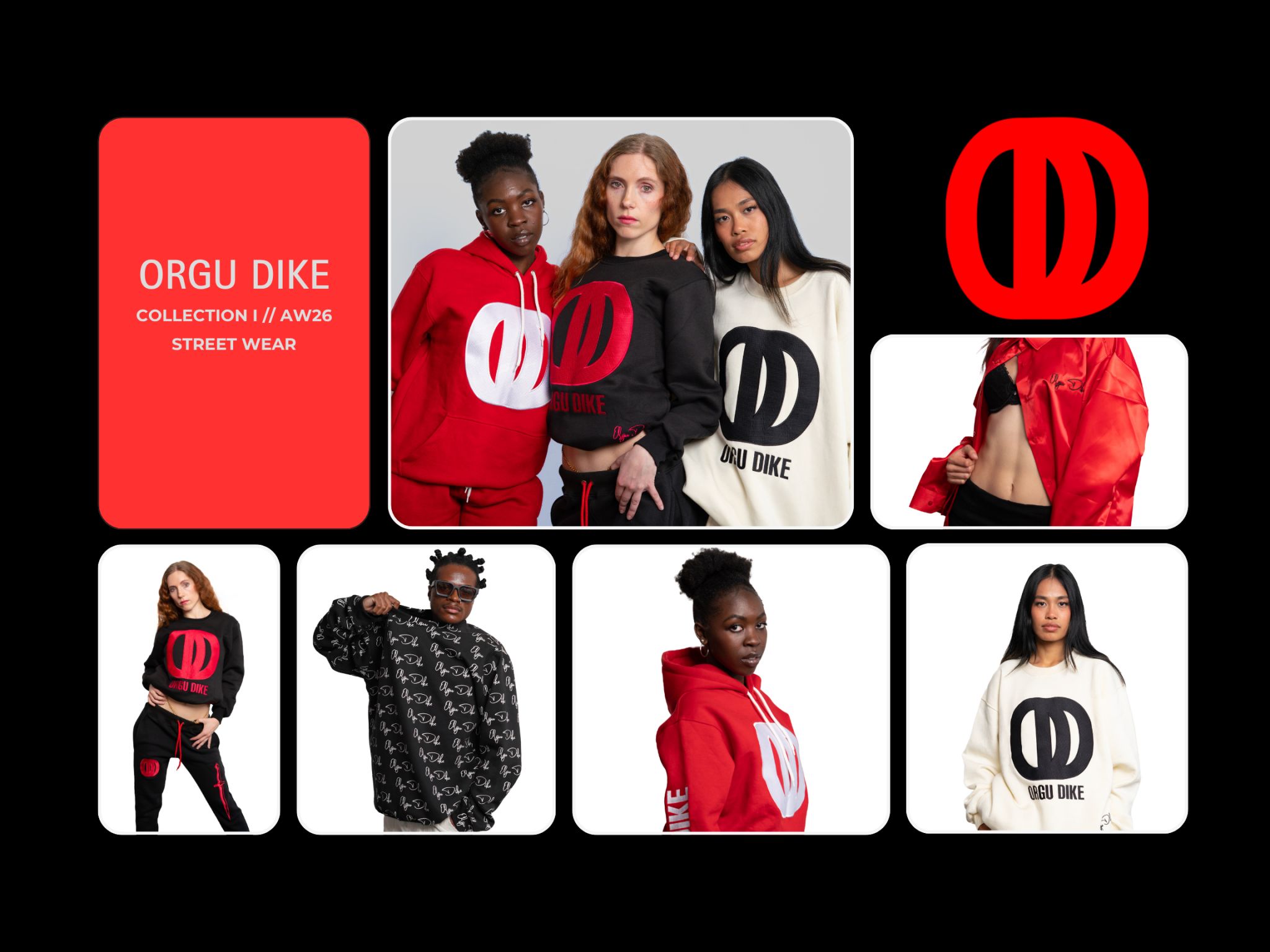 Group of three women wearing streetwear with large logo designs, some holding clothing items, against a black background.
