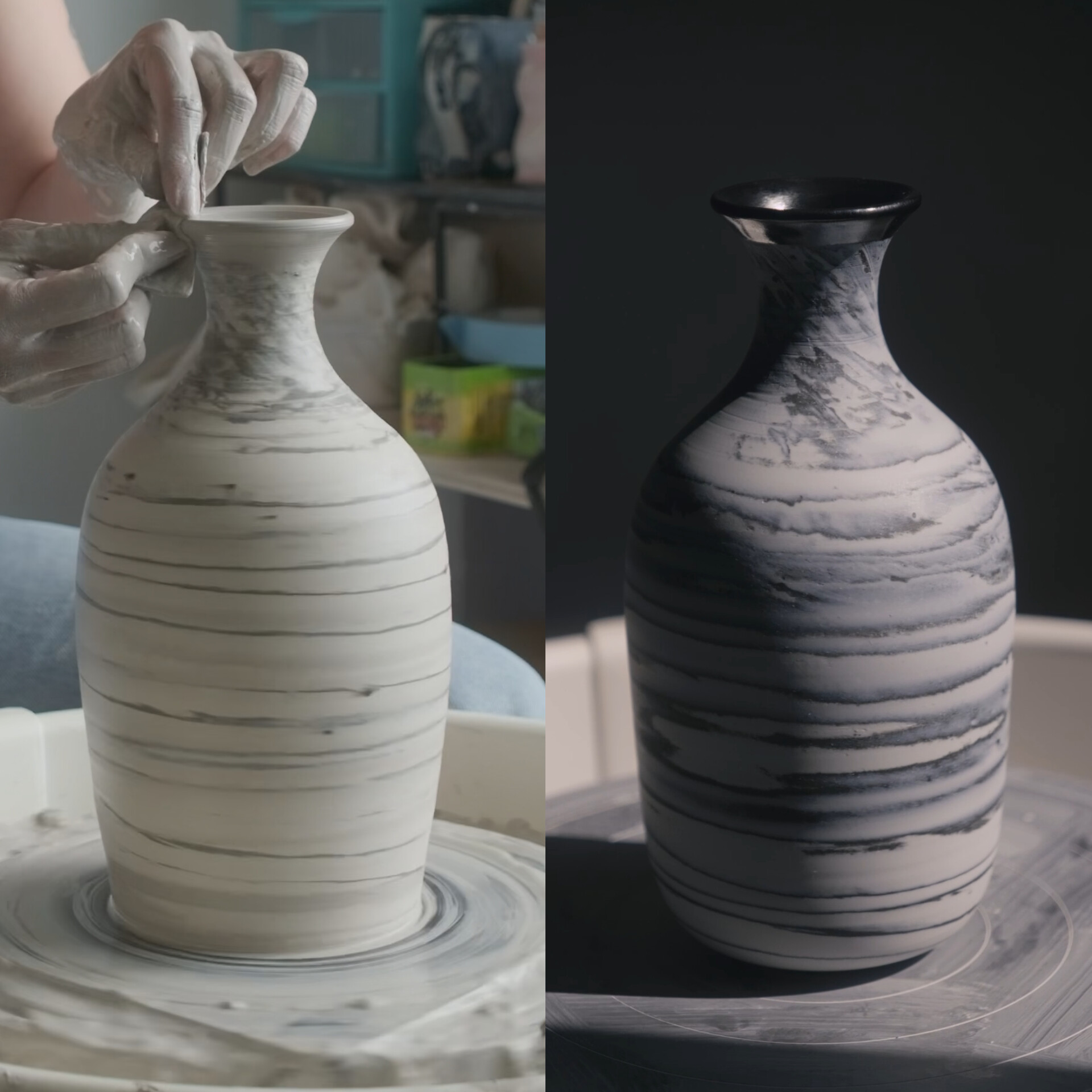 Side-by-side images of a ceramic vase, one in bright light and the other in dark lighting, showing different color tones.