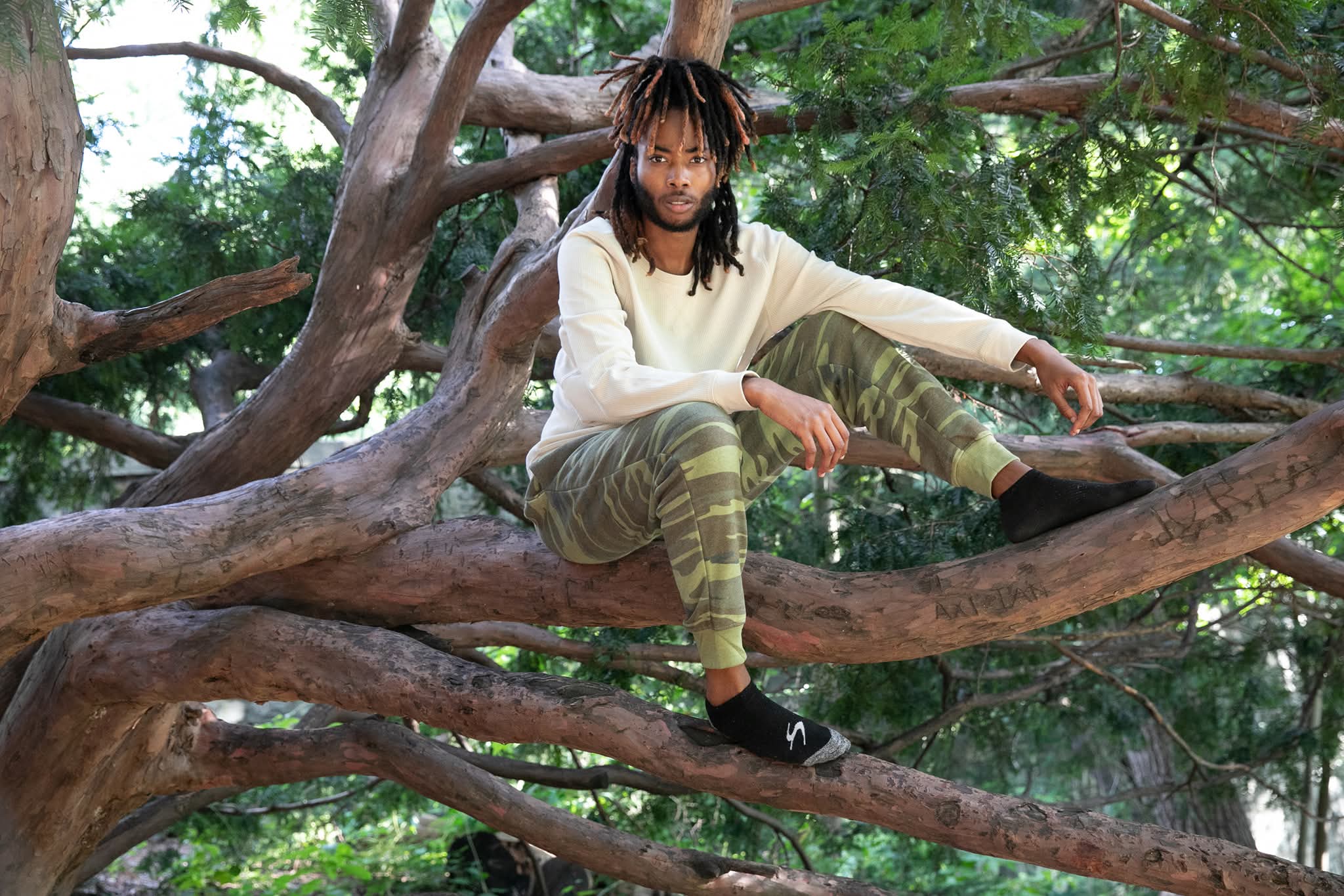 Person with dreadlocks sitting on a tree branch, surrounded by green leaves, wearing a white top and camouflage pants.