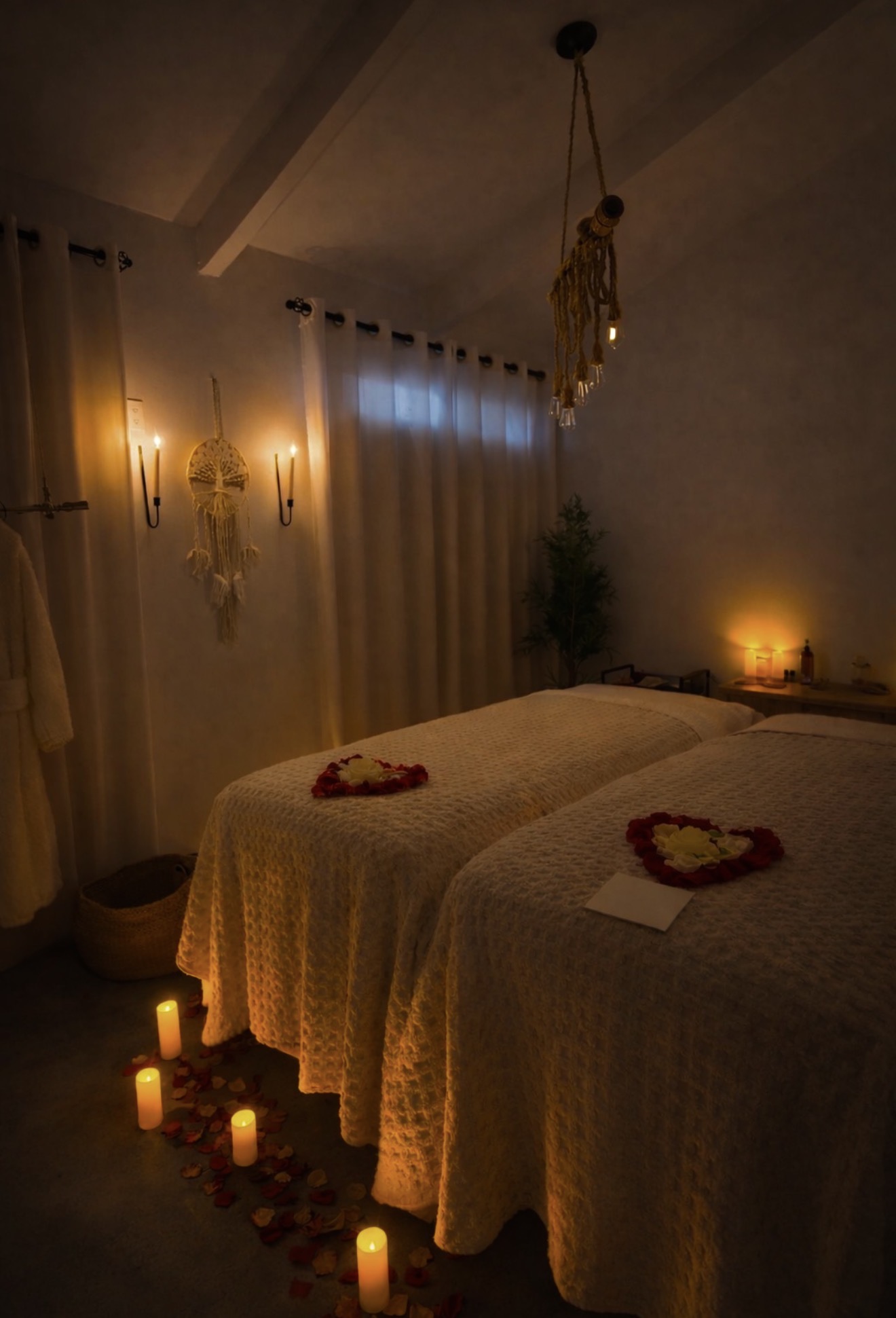 Two beds with heart-shaped towels, candles on the floor, and warm lighting in a cozy bedroom.