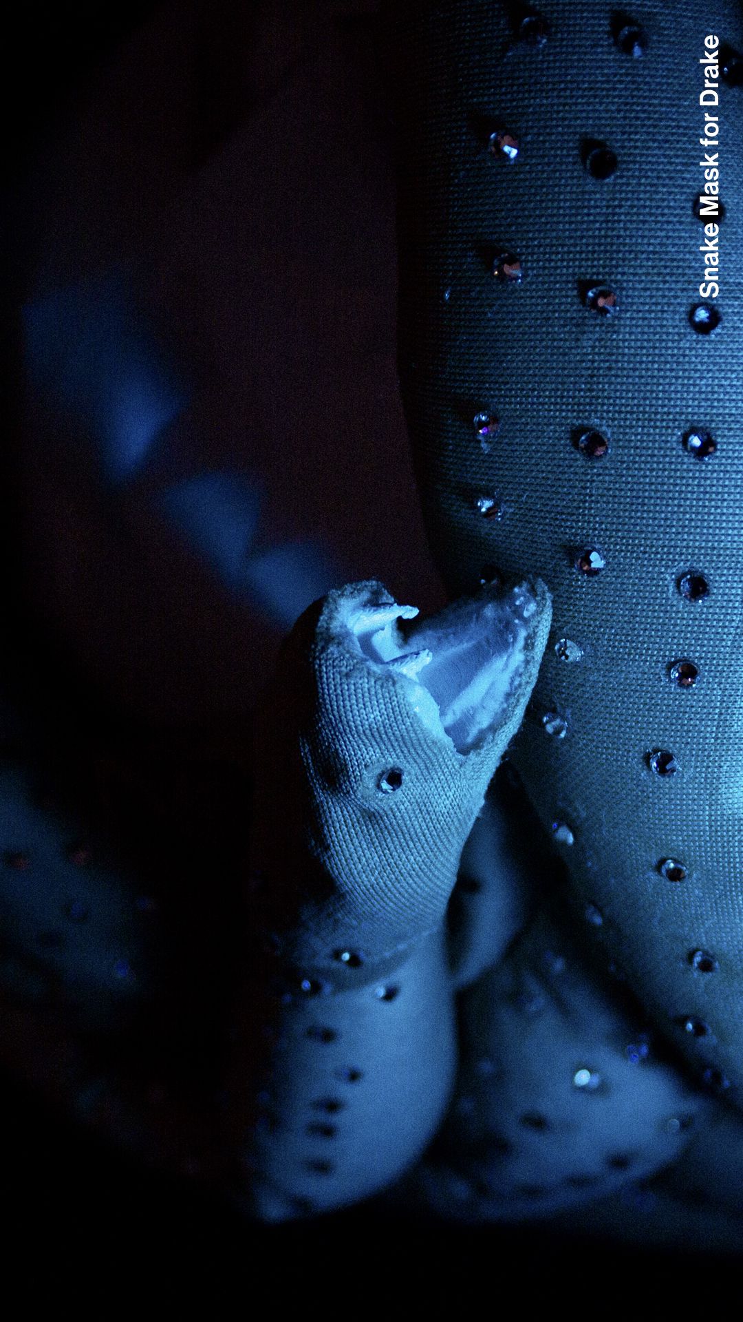 Close-up of a snake's head with open mouth, showing sharp teeth, on a dark background with small dots.