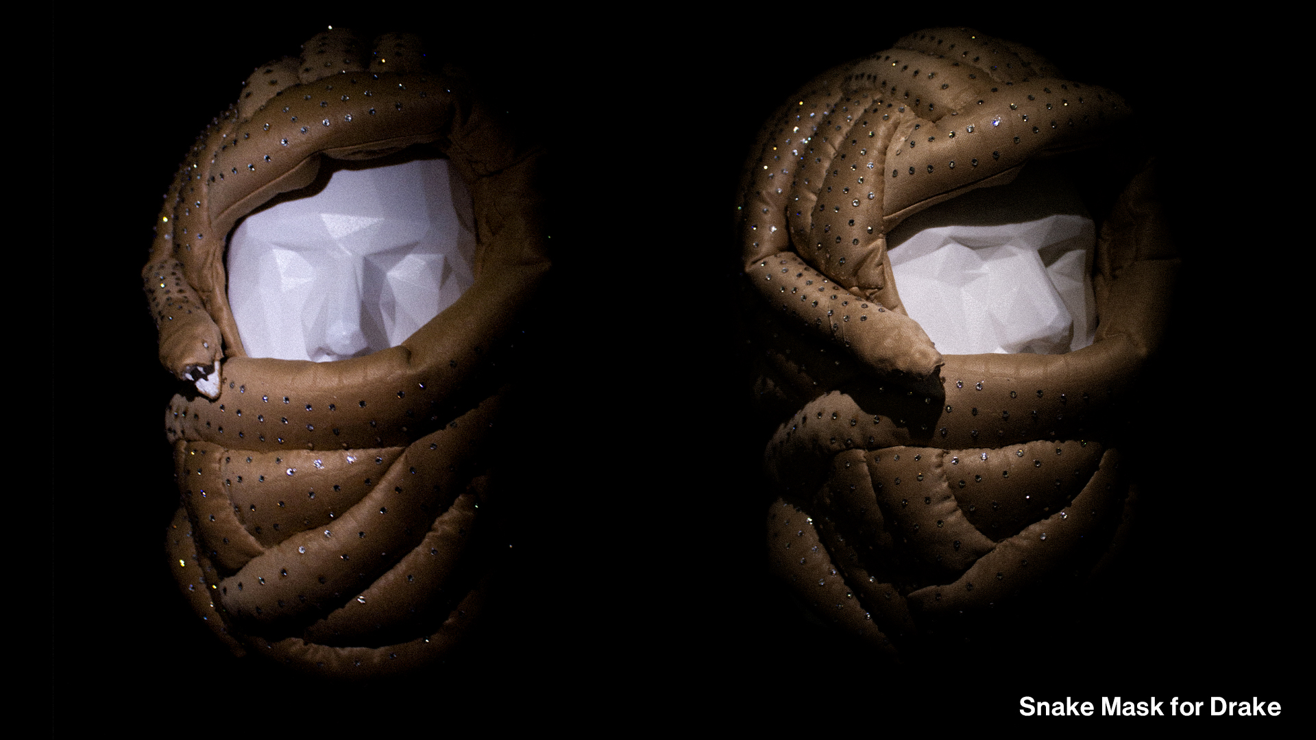 Close-up of a snake's head with a mask made of paper inside its mouth, dark background, detailed scales.