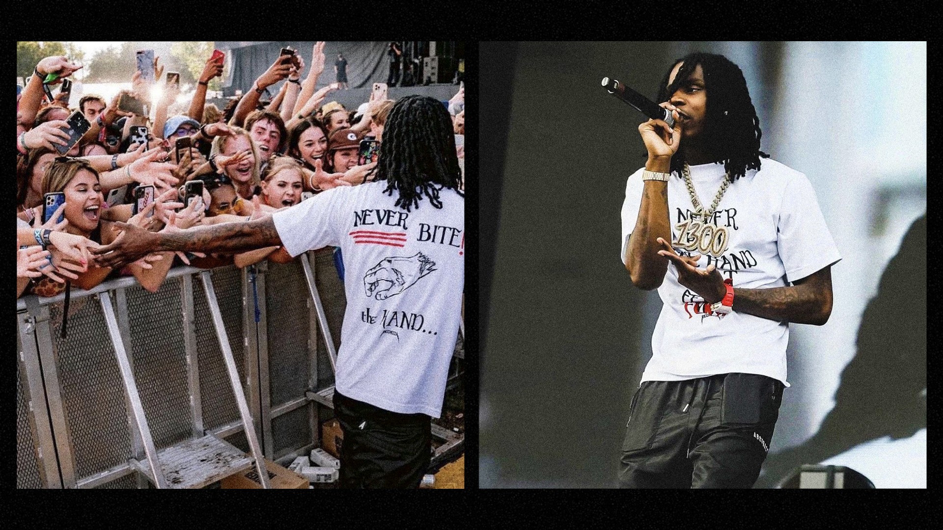 Person in white T-shirt interacting with crowd on left, singer performing on stage on right, both images show outdoor scenes.