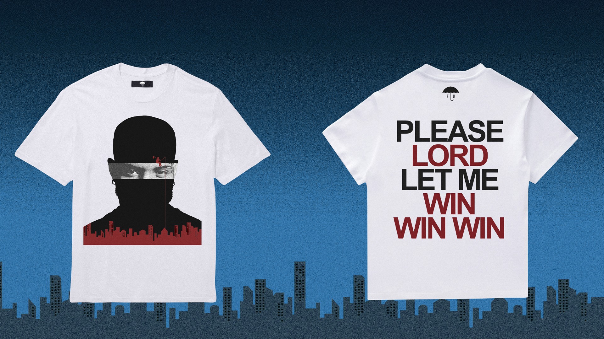 Two white T-shirts with graphic and text designs, one with a silhouette and the other with words, against a blue background.