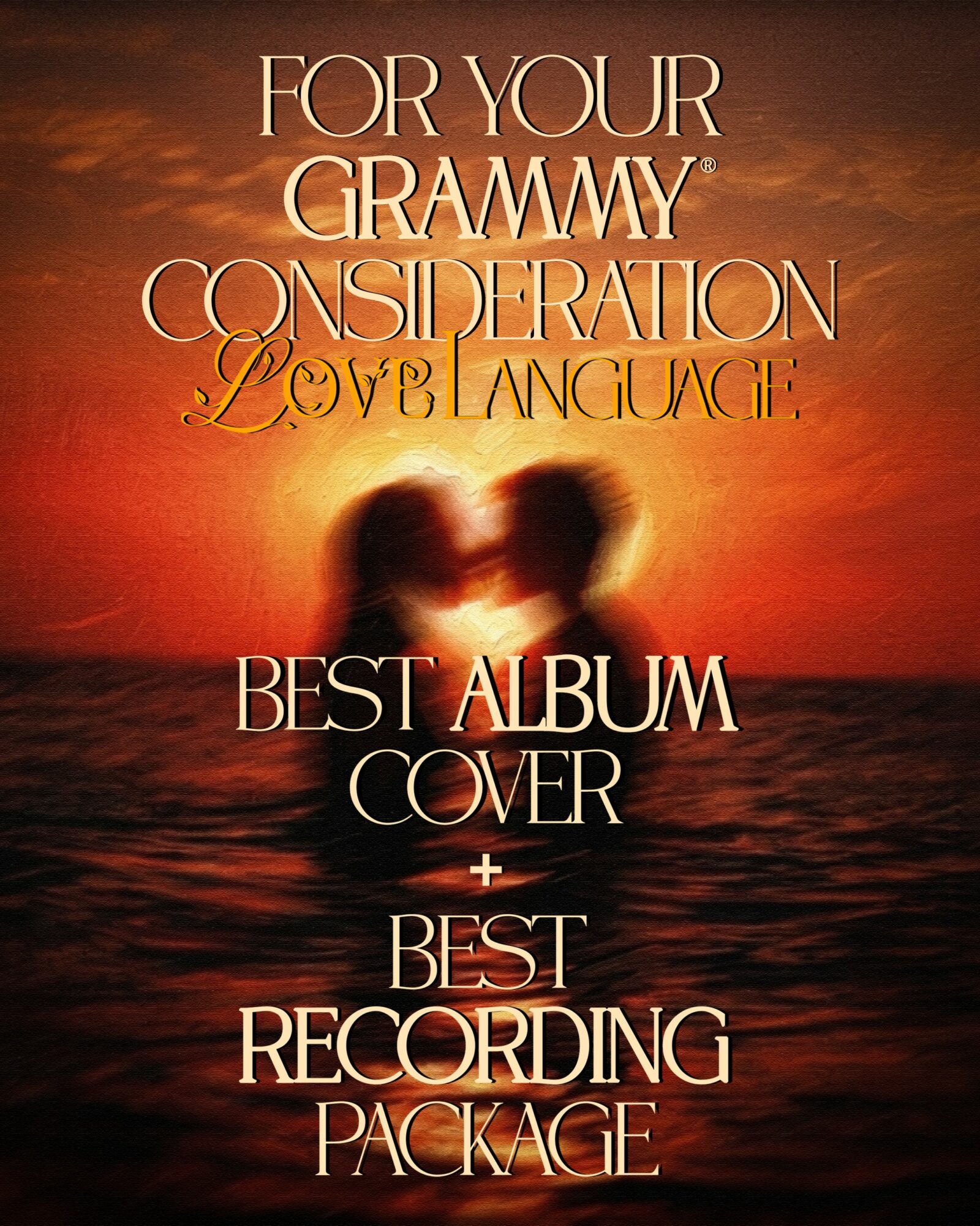 Blurred silhouette of a couple kissing at sunset over water, with promotional text for a Grammy consideration album cover.