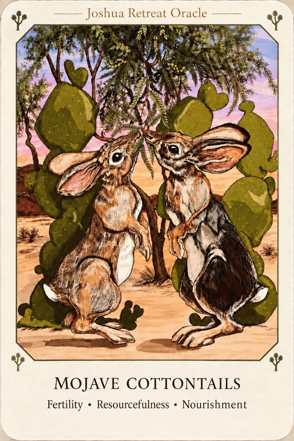 Two rabbits with large ears and fluffy tails sit among green cactus plants with a sunset sky background.