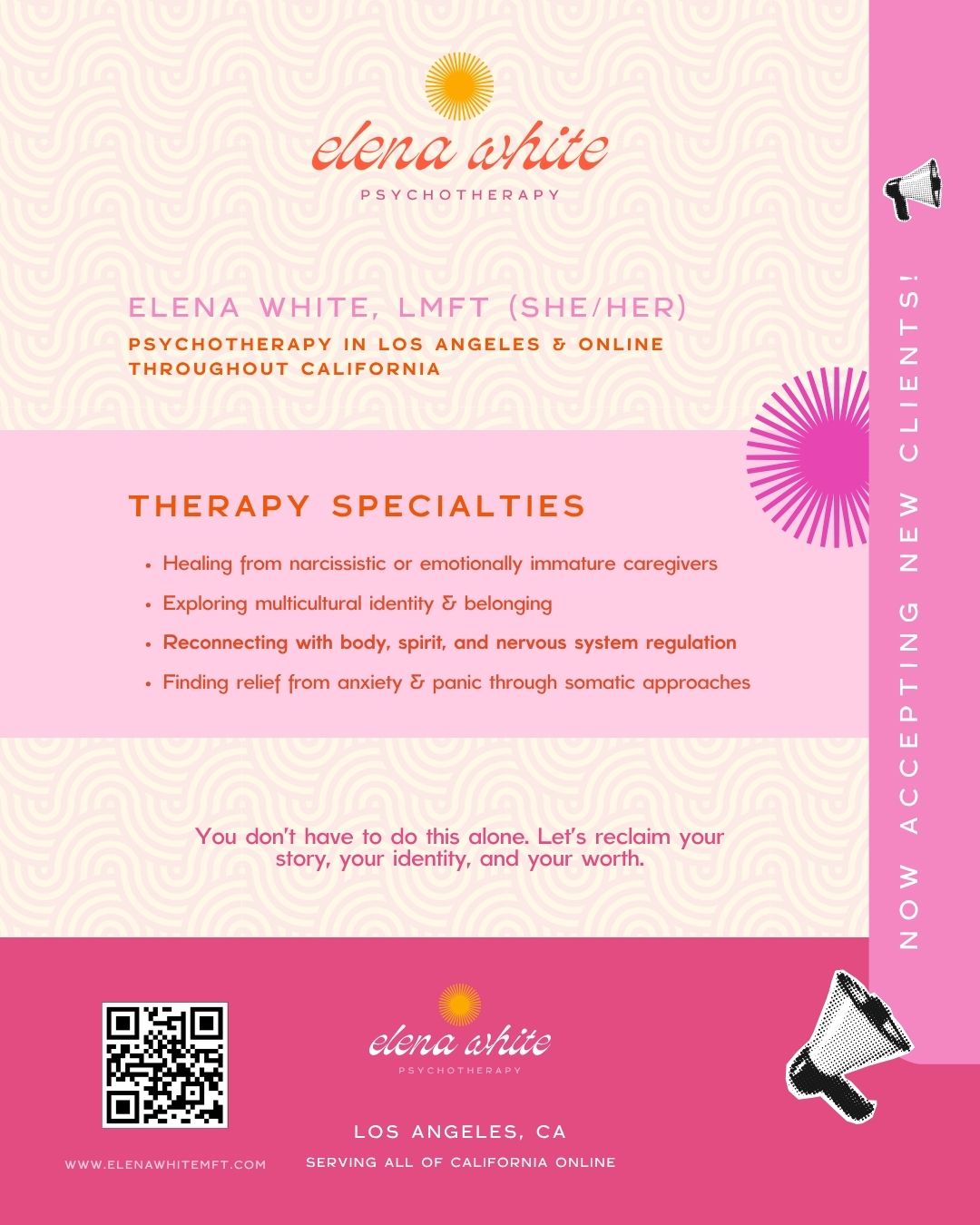 Pink and white flyer for Elena White psychotherapy, listing therapy specialties and contact information, with a QR code and megaphone icon.