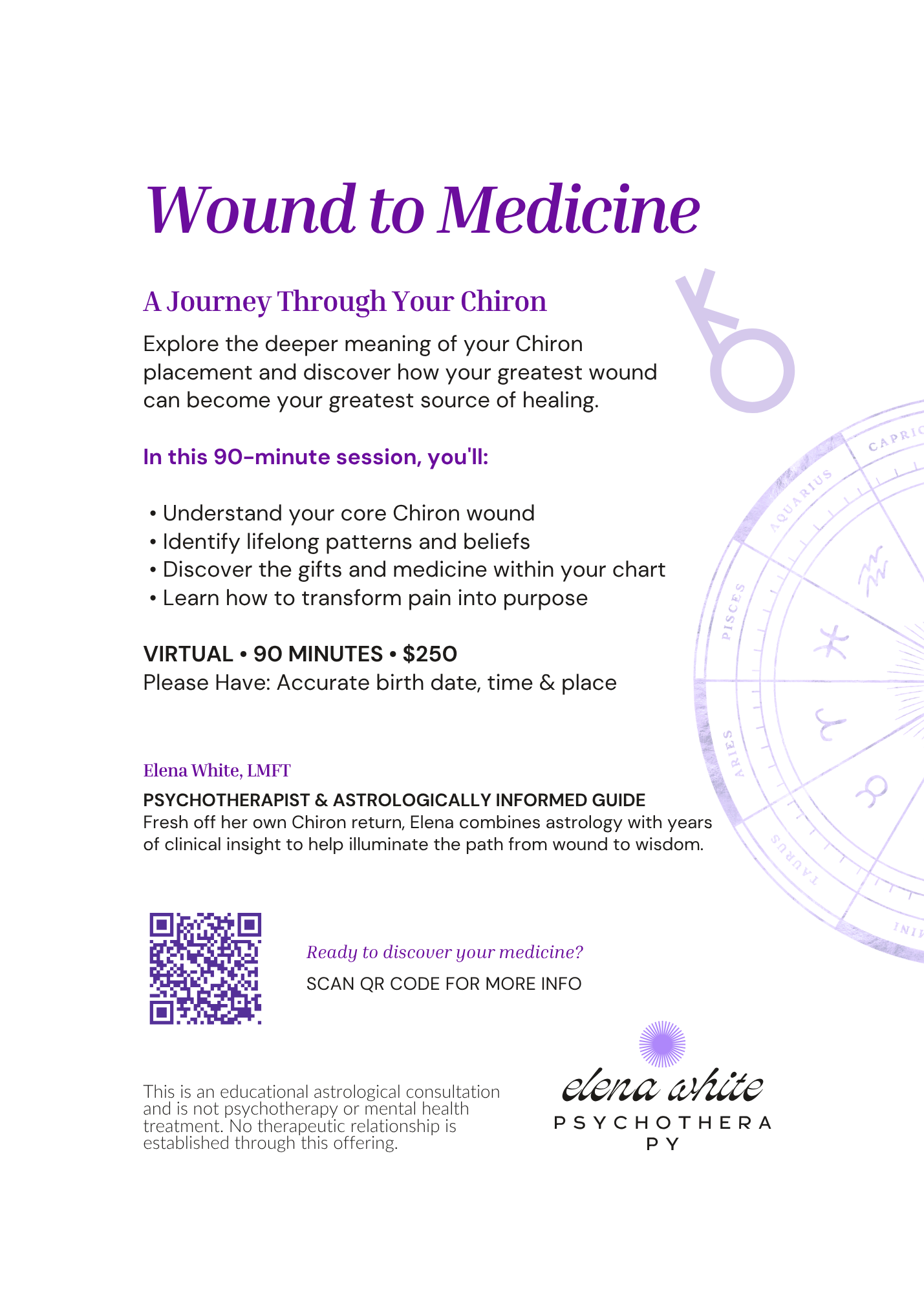 Flyer titled 'Wound to Medicine' about a 90-minute virtual course on Chiron wound healing, with a QR code and contact info.
