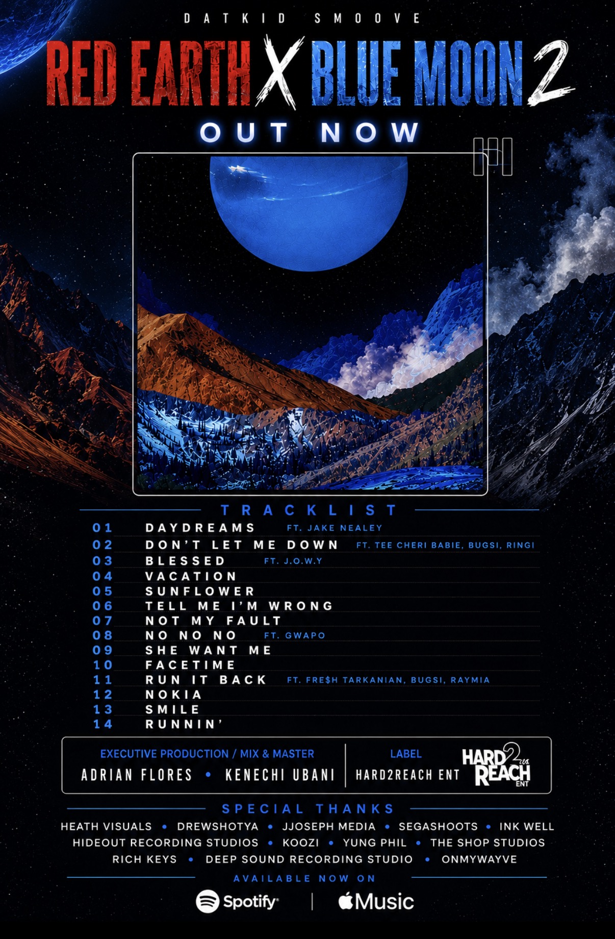 Movie poster for 'Red Earth X Blue Moon 2' featuring a blue moon over mountains and a starry sky, with text and logos.