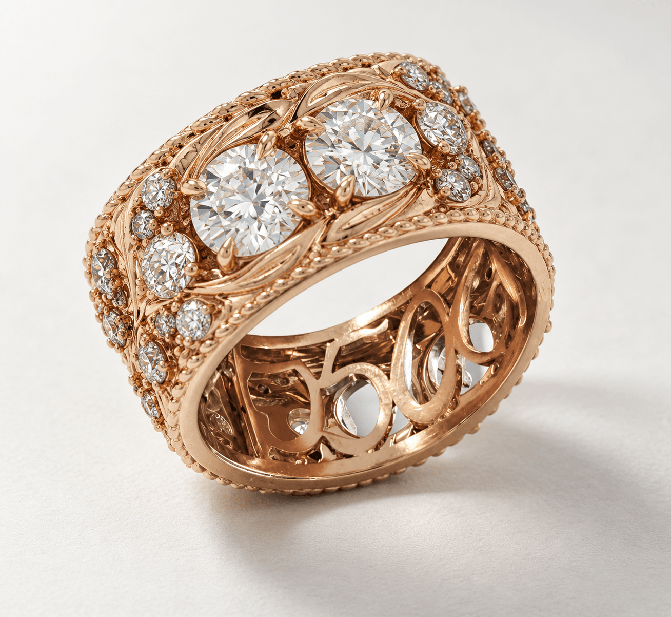 Gold ring with large central diamonds and smaller surrounding diamonds, intricate design, on a plain background.