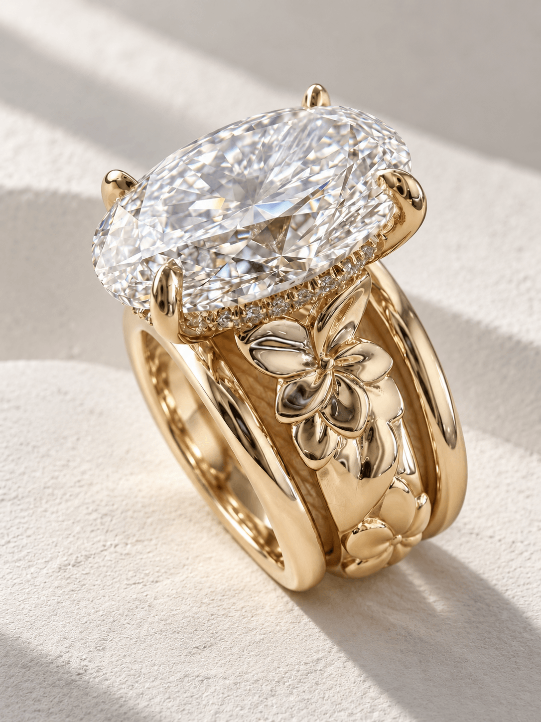 Gold ring with a large oval diamond and a floral design on the band, set against a light background.